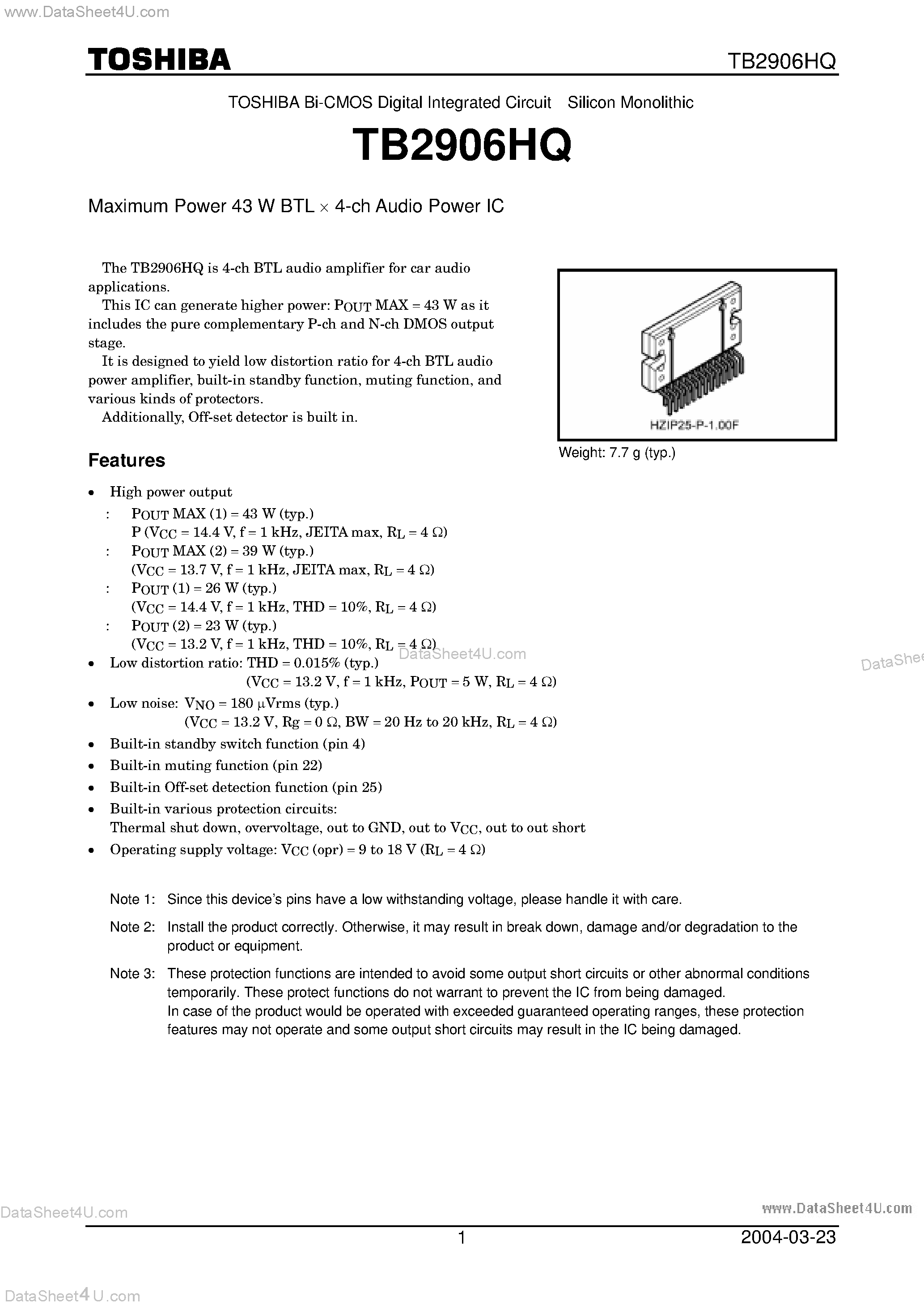 Datasheet TB2906HQ - Maximum Power 43 W BTL x 4-ch Audio Power IC page 1