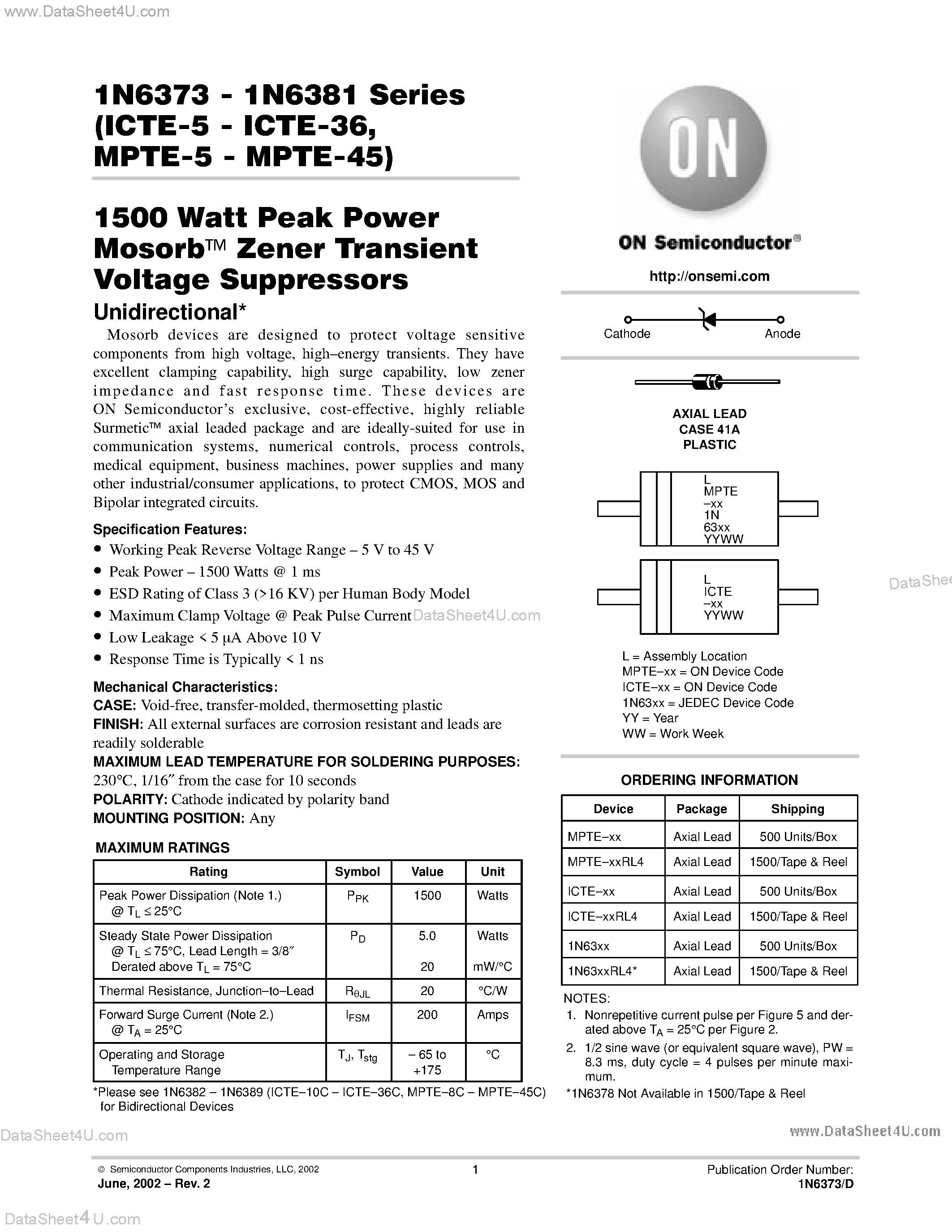 Даташит на микросхему MPTE-10 страница 1 Даташит MPTE-10 - (MPTE-5 - MPTE-45) 1500 Watt Peak Power Mosorb Zener Transient Voltage Suppressors страница 1