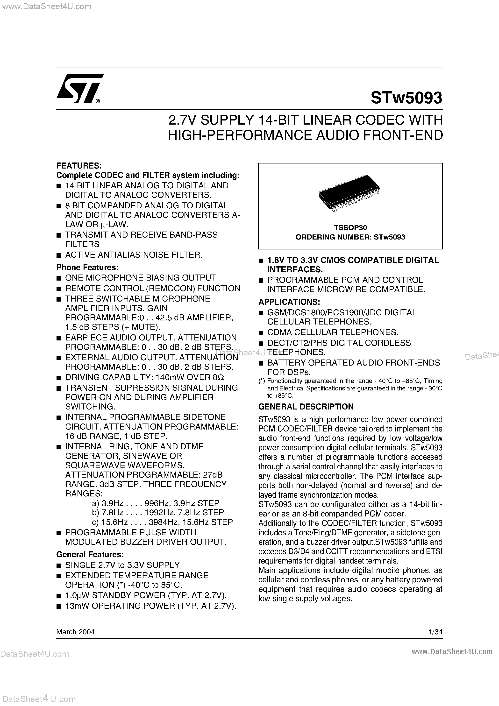 Datasheet STW5093 - 2.7V SUPPLY 14-BIT LINEAR CODEC WITH HIGH-PERFORMANCE AUDIO FRONT-END page 1