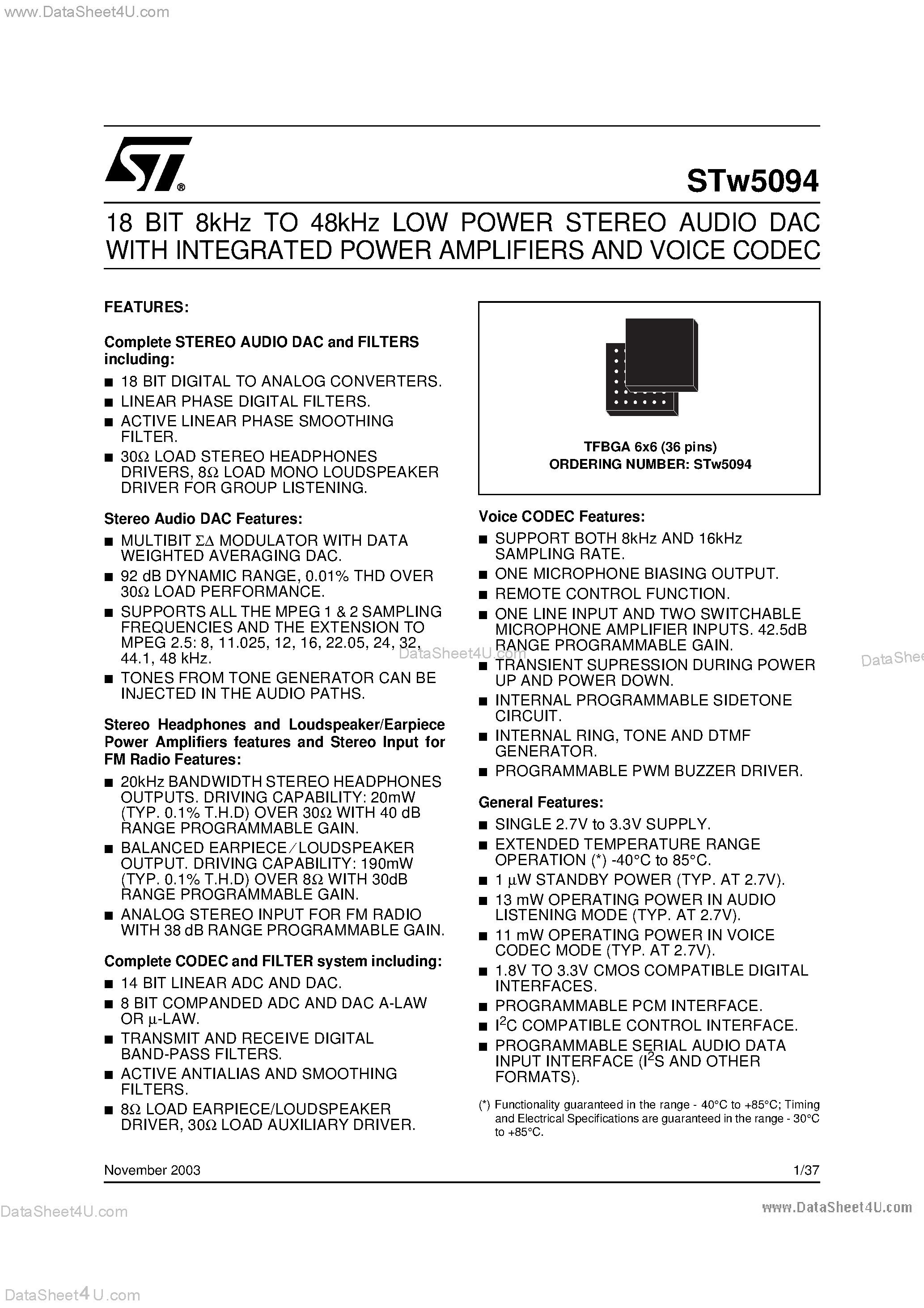Datasheet STW5094 - 18 BIT 8kHz TO 48kHz LOW POWER STEREO AUDIO DAC page 1