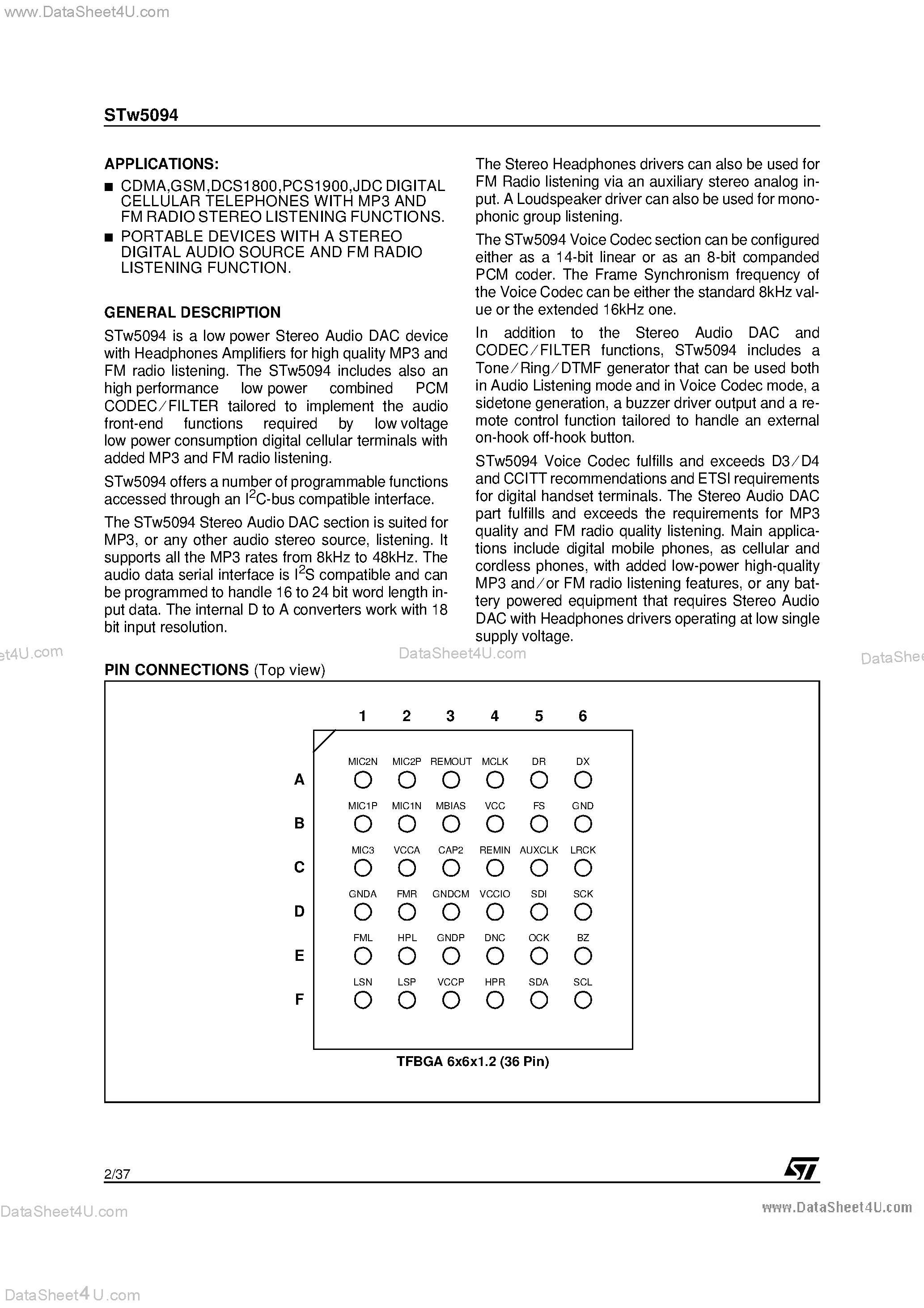 Datasheet STW5094 - 18 BIT 8kHz TO 48kHz LOW POWER STEREO AUDIO DAC page 2