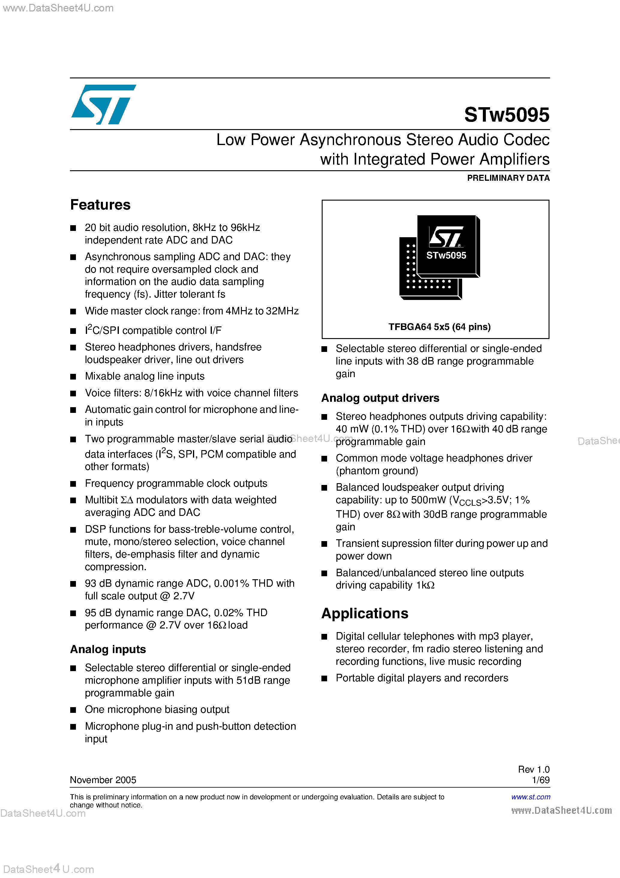 Даташит STW5095 - Low Power Asynchronous Stereo Audio Codec with Integrated Power Amplifiers страница 1