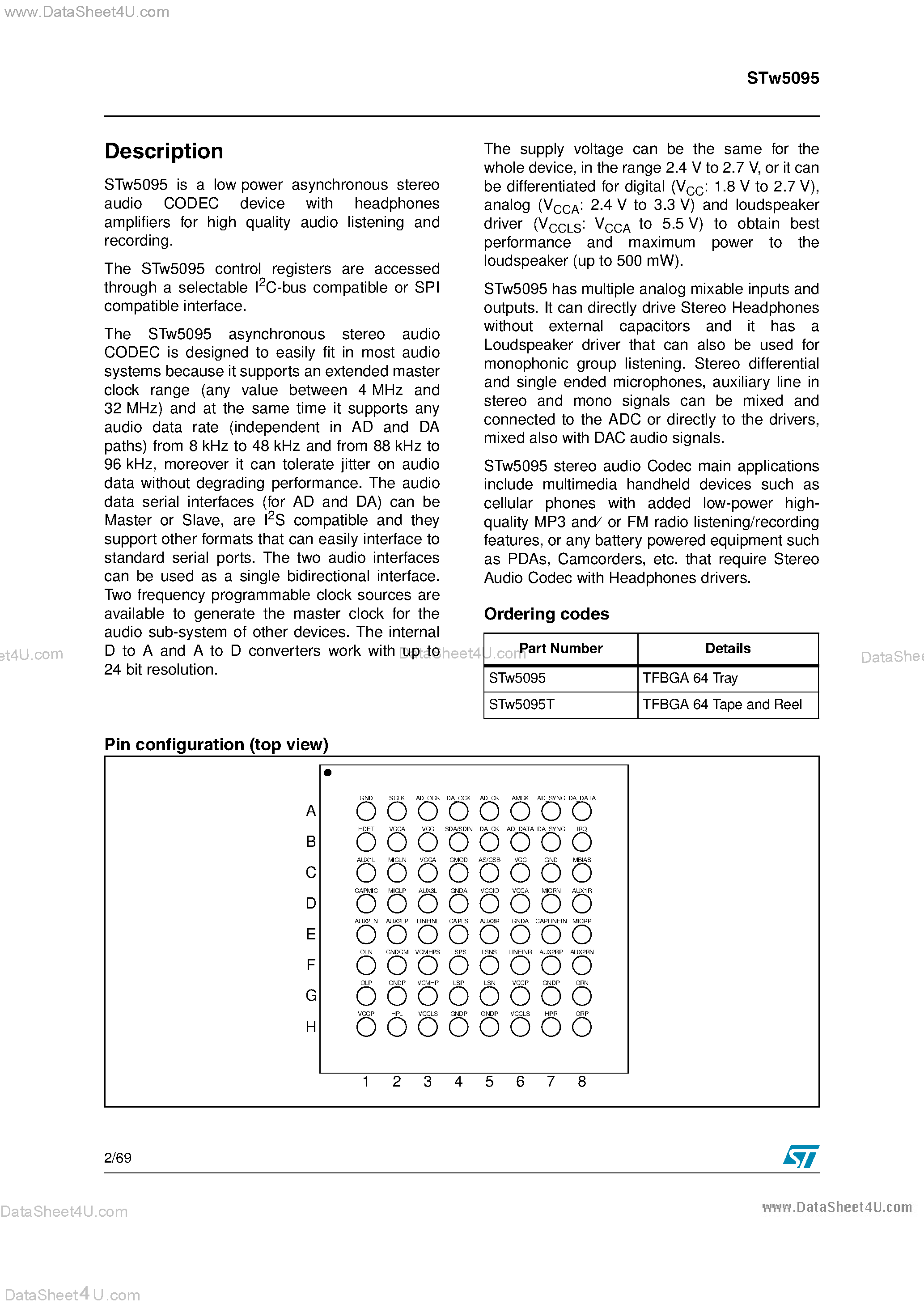 Даташит STW5095 - Low Power Asynchronous Stereo Audio Codec with Integrated Power Amplifiers страница 2
