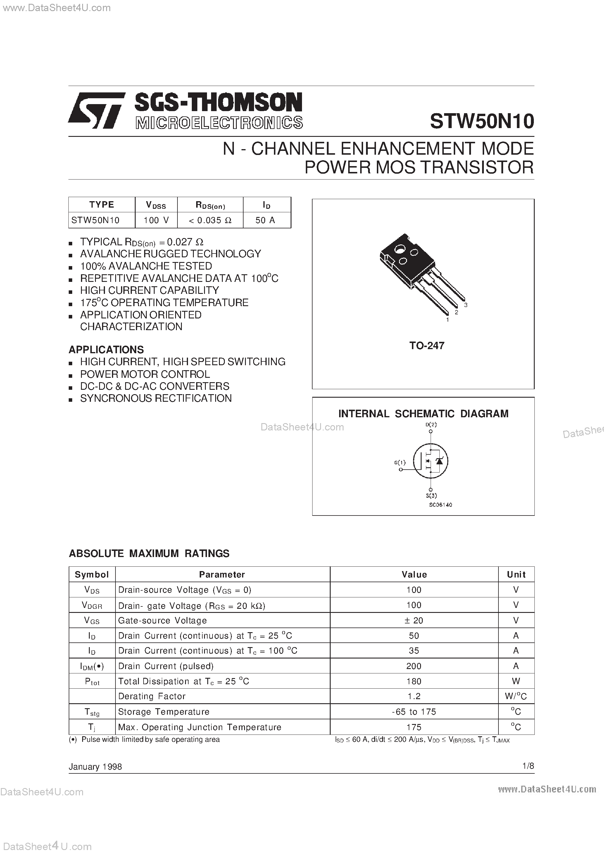 Datasheet STW50N10 page 1 Datasheet STW50N10 - N - CHANNEL ENHANCEMENT MODE POWER MOS TRANSISTOR page 1