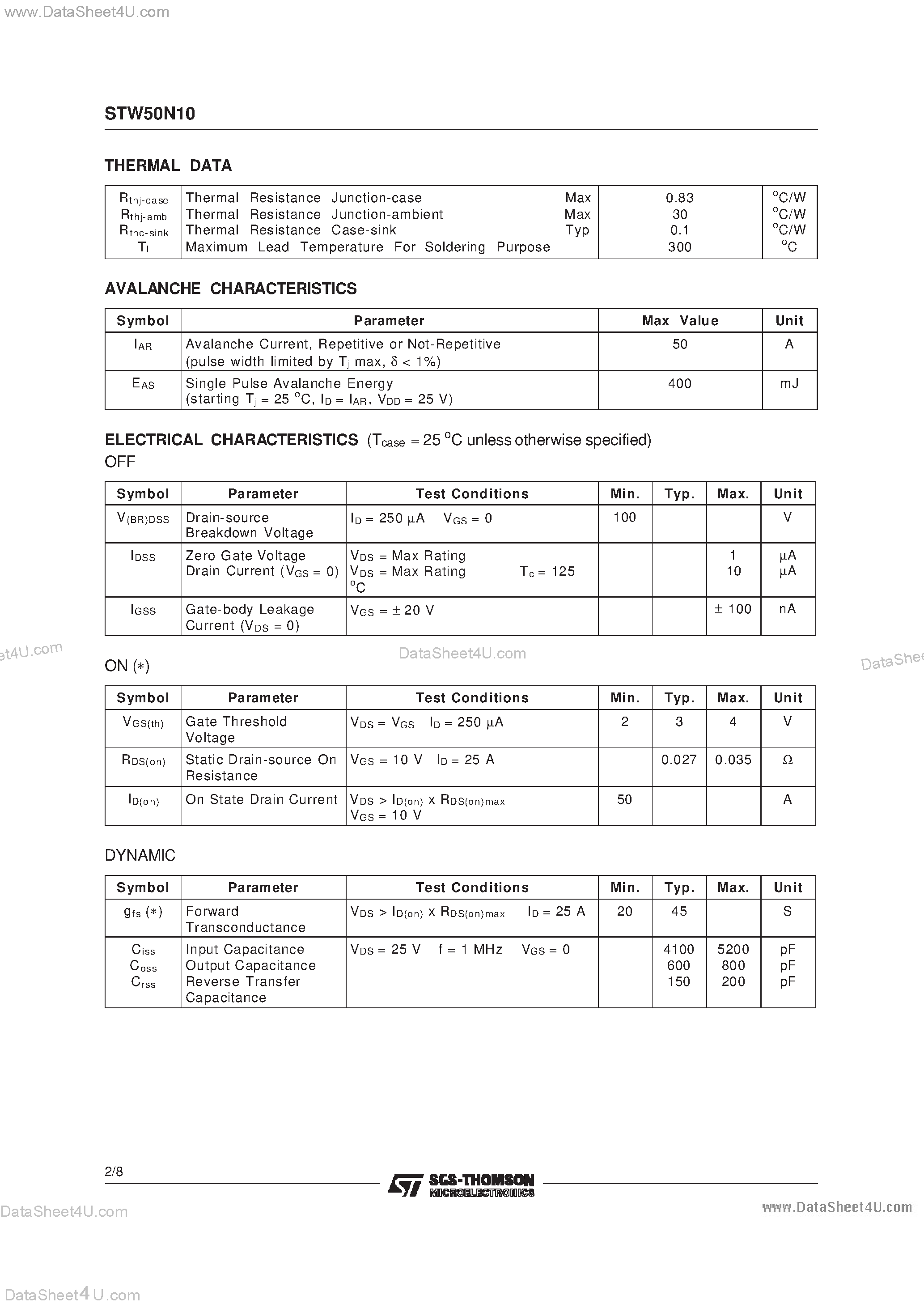 Datasheet STW50N10 page 2 Datasheet STW50N10 - N - CHANNEL ENHANCEMENT MODE POWER MOS TRANSISTOR page 2