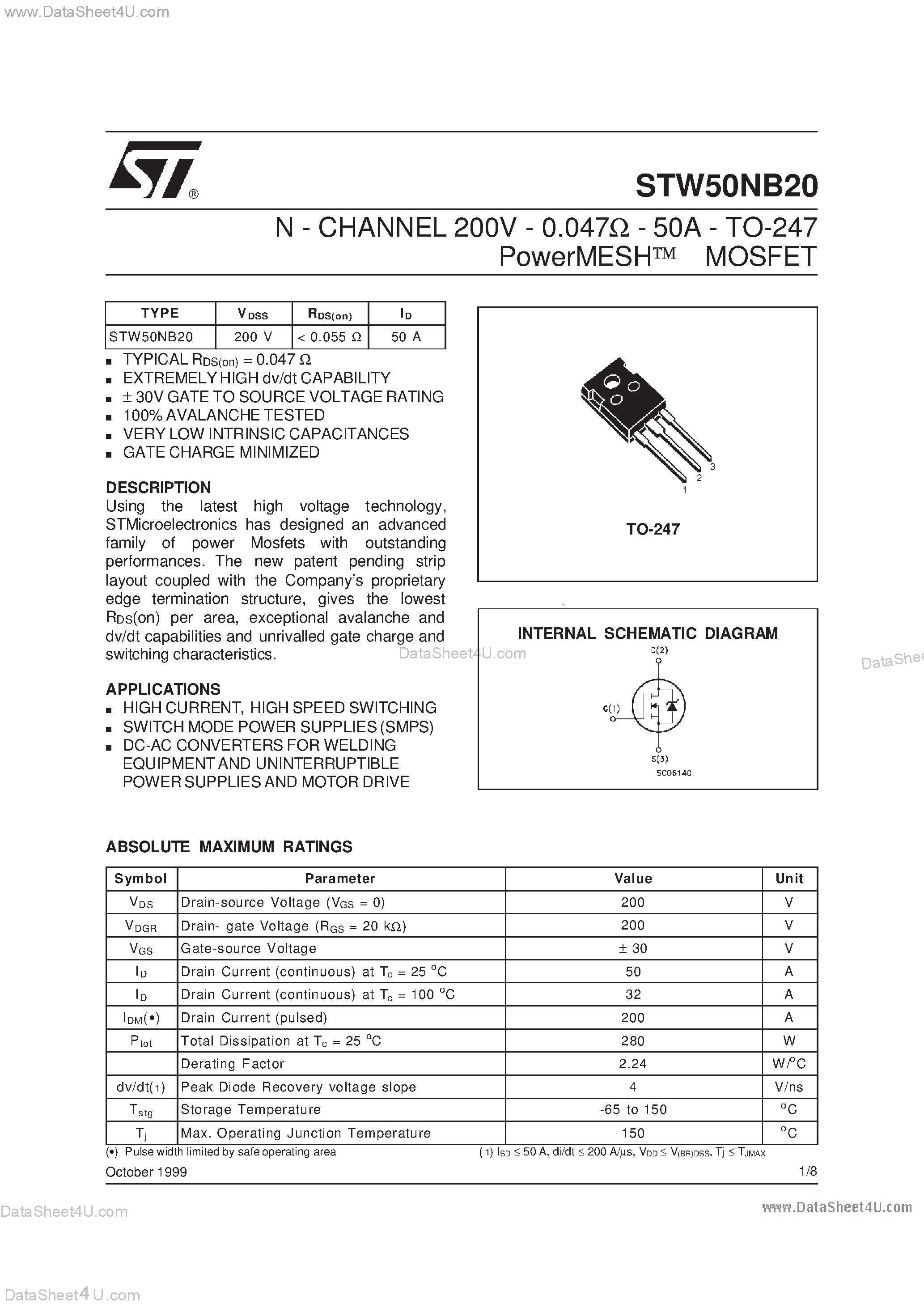 Datasheet STW50NB20 page 1 Datasheet STW50NB20 - N - CHANNEL 200V - 0.047ohm - 50A - TO-247 PowerMESH MOSFET page 1