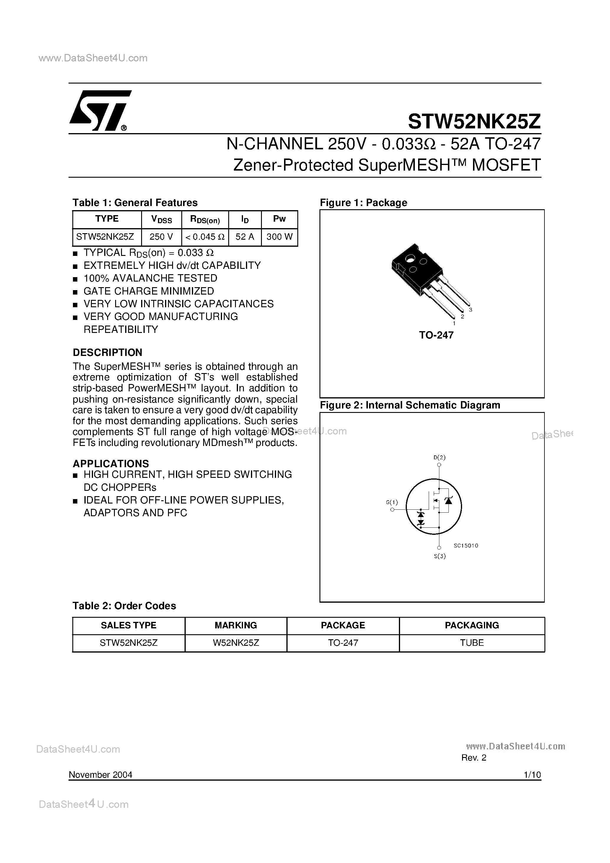 Datasheet STW52NK25Z - N-CHANNEL MOSFET page 1