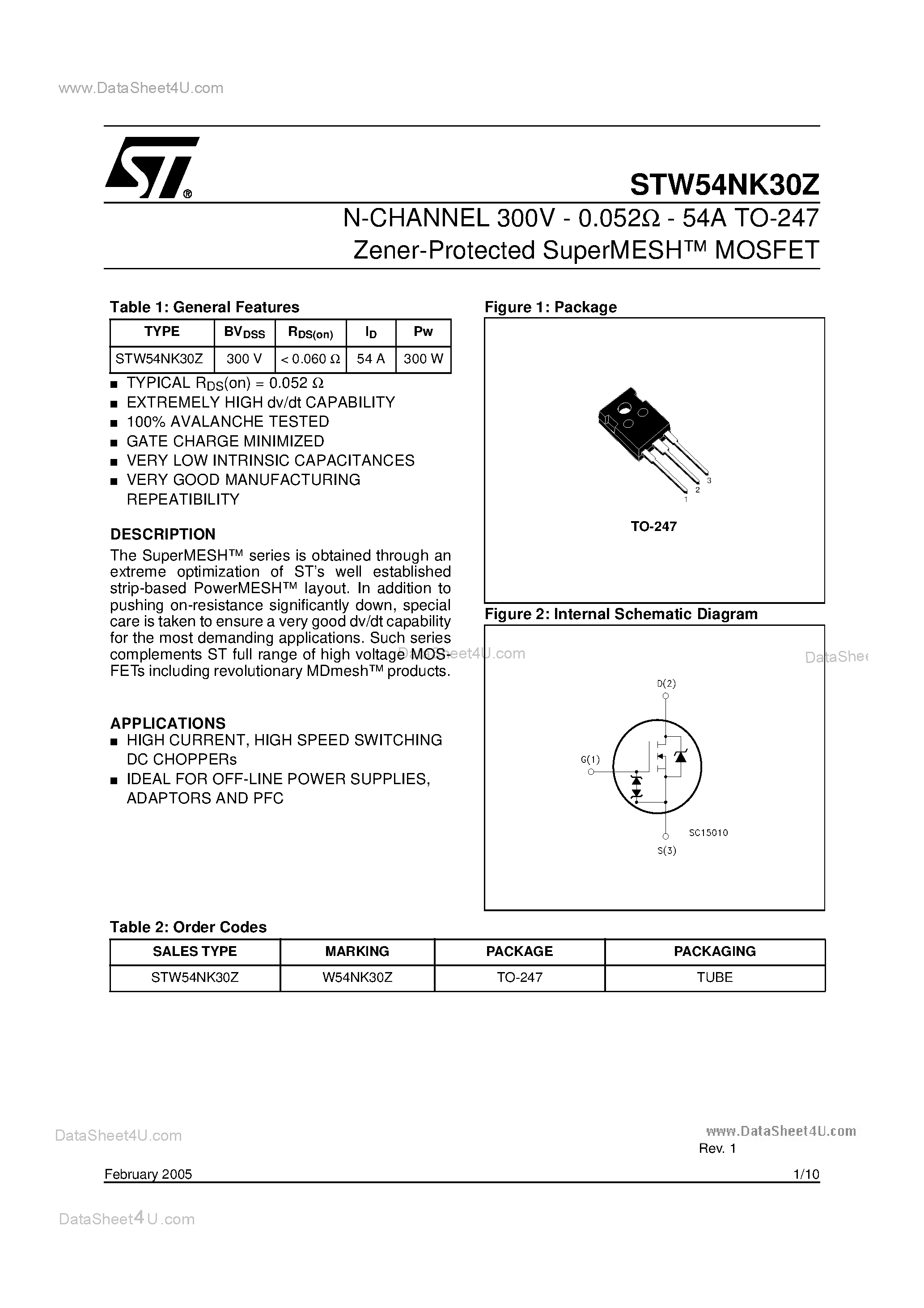 Datasheet STW52NK30Z - N-CHANNEL MOSFET page 1