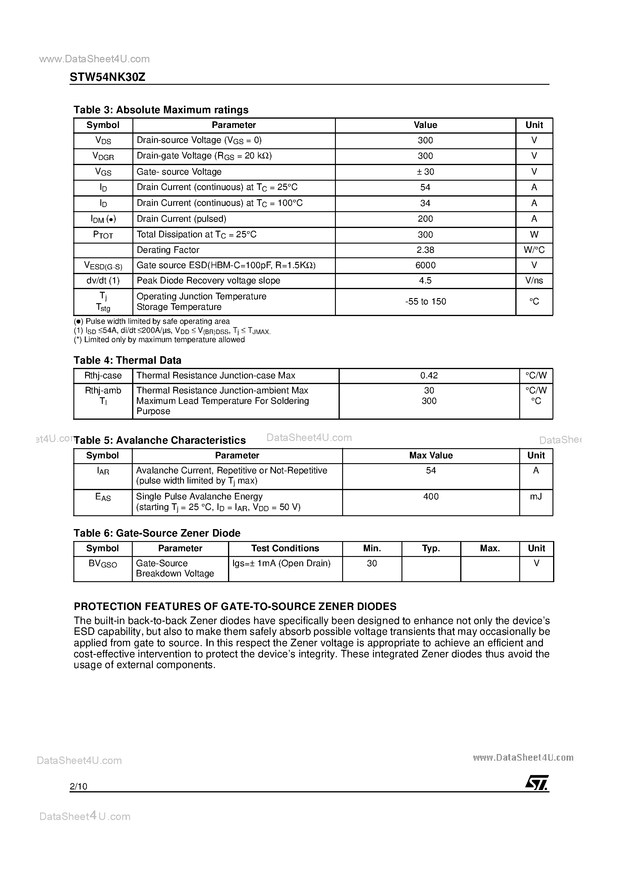 Datasheet STW52NK30Z - N-CHANNEL MOSFET page 2