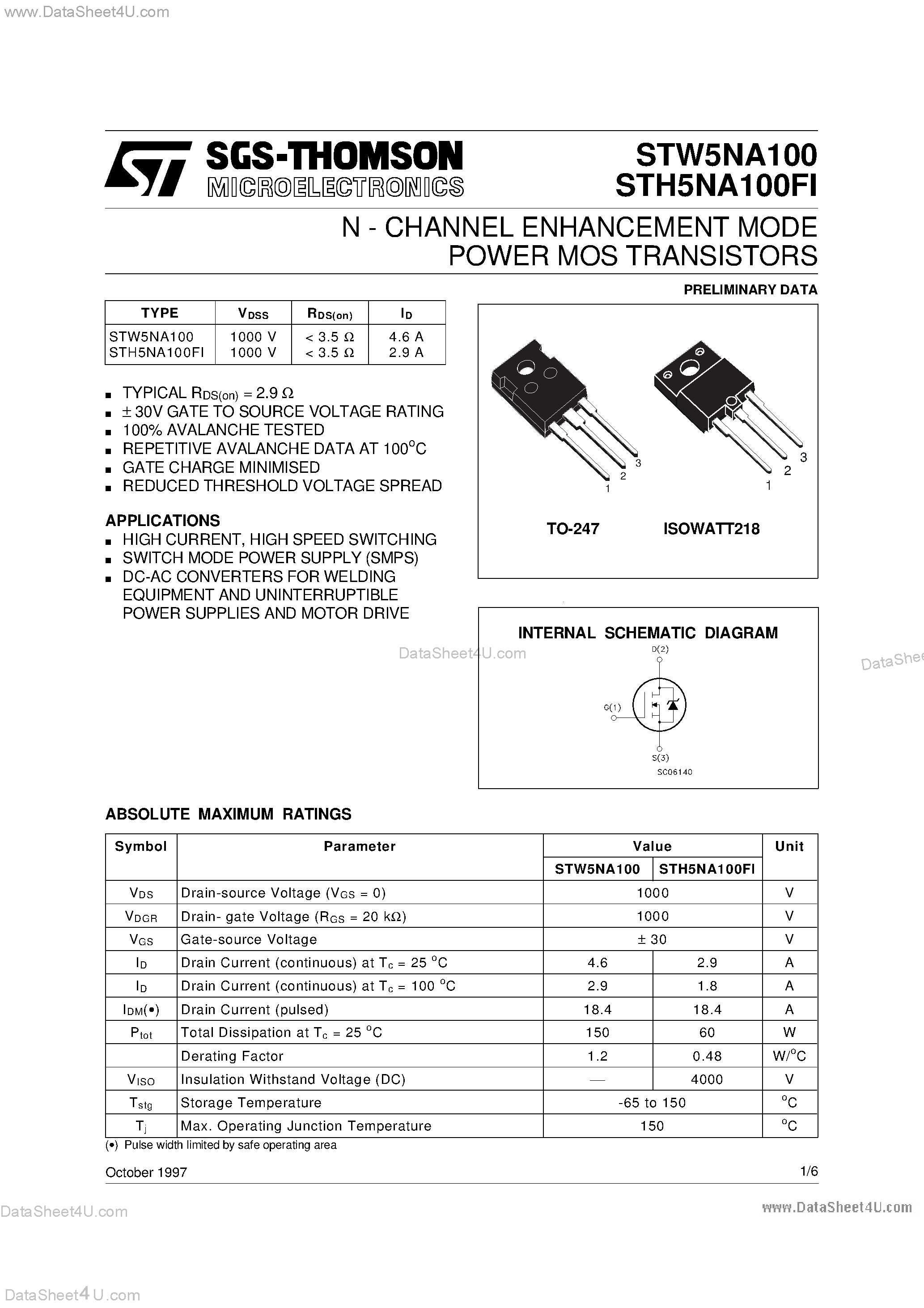 Datasheet STW5NA100 page 1 Datasheet STW5NA100 - N - CHANNEL ENHANCEMENT MODE POWER MOS TRANSISTORS page 1