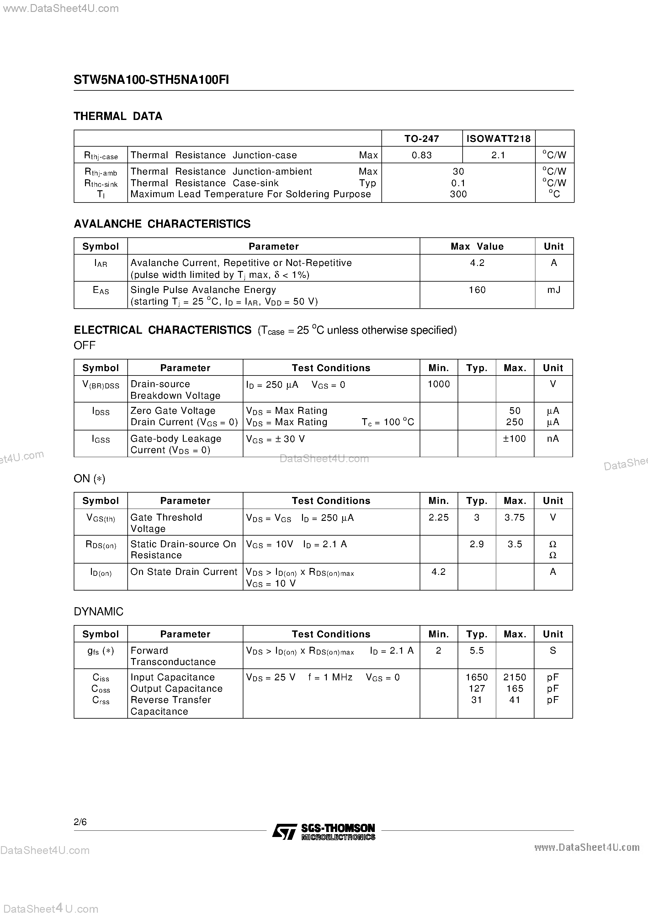 Datasheet STW5NA100 page 2 Datasheet STW5NA100 - N - CHANNEL ENHANCEMENT MODE POWER MOS TRANSISTORS page 2