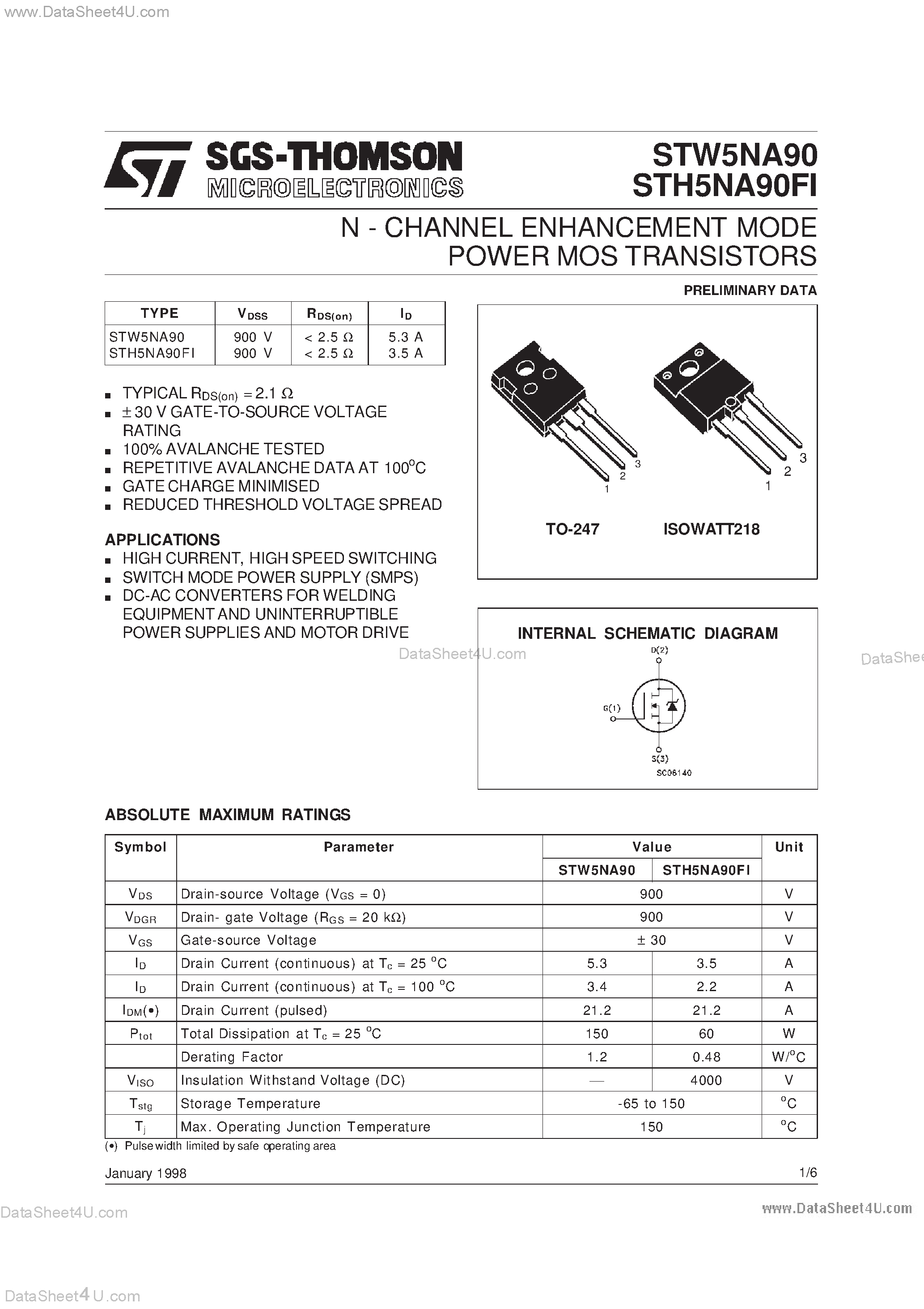 Datasheet STW5NA90 page 1 Datasheet STW5NA90 - N - CHANNEL ENHANCEMENT MODE POWER MOS TRANSISTORS page 1
