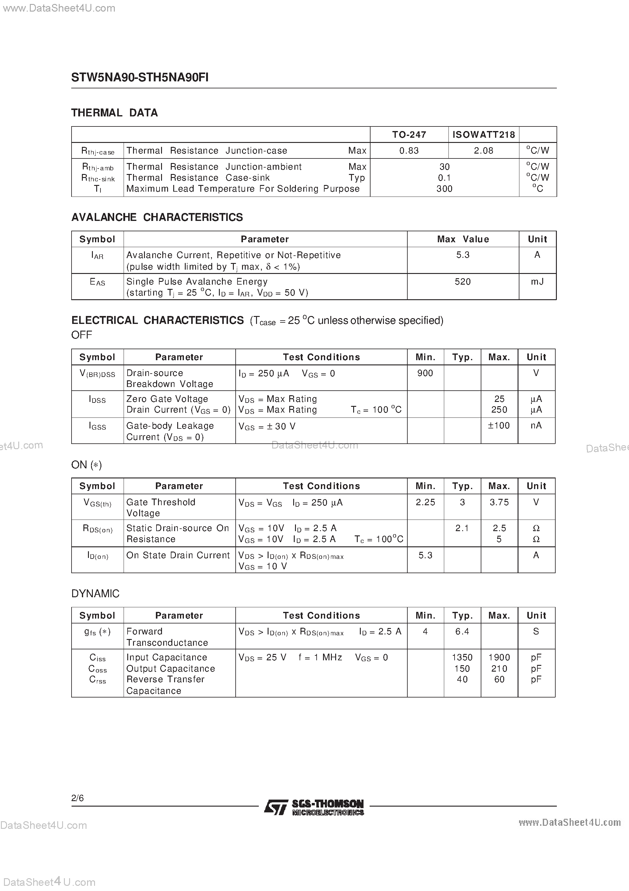 Datasheet STW5NA90 page 2 Datasheet STW5NA90 - N - CHANNEL ENHANCEMENT MODE POWER MOS TRANSISTORS page 2