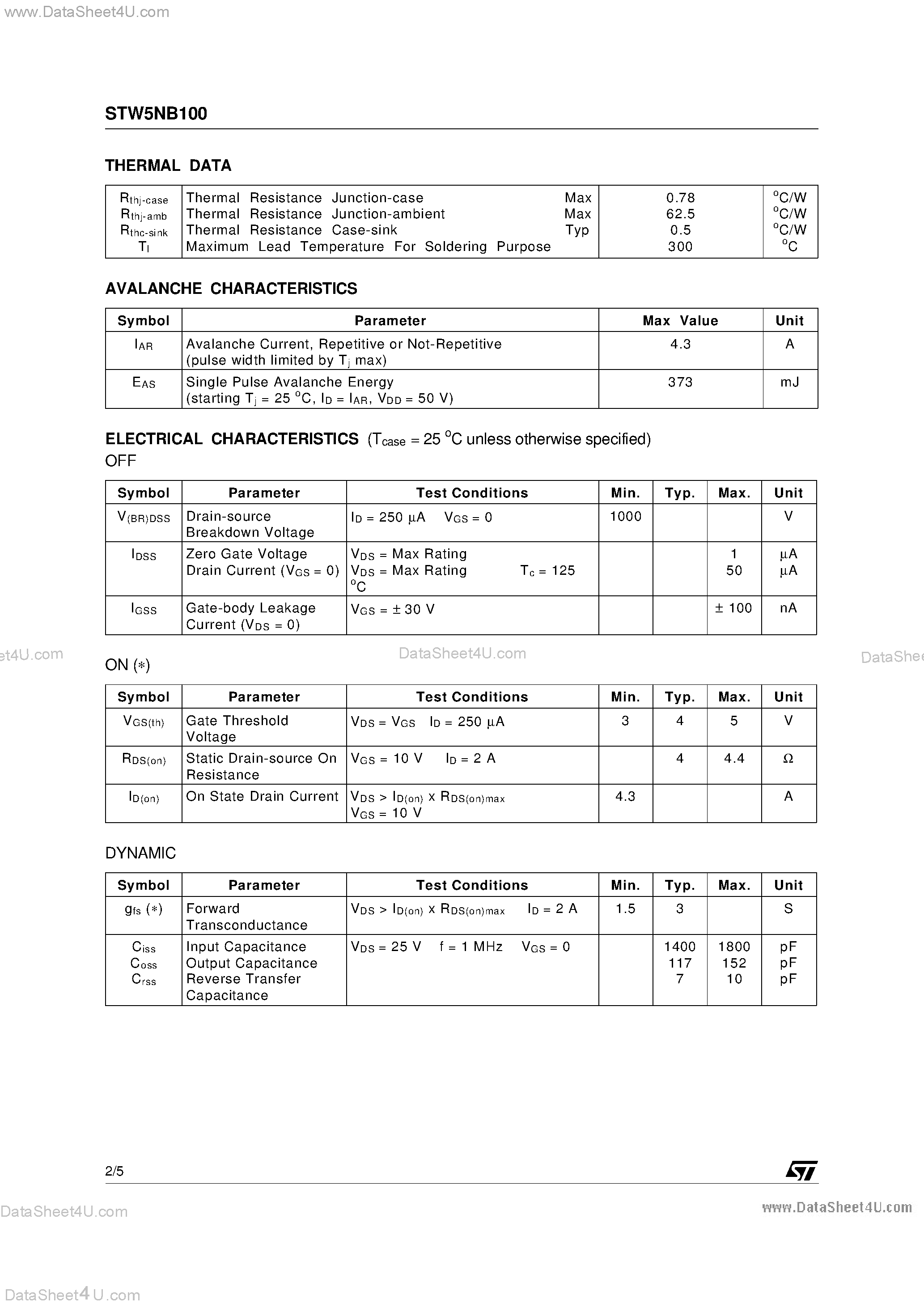 Datasheet STW5NB100 - N-CHANNEL MOSFET page 2