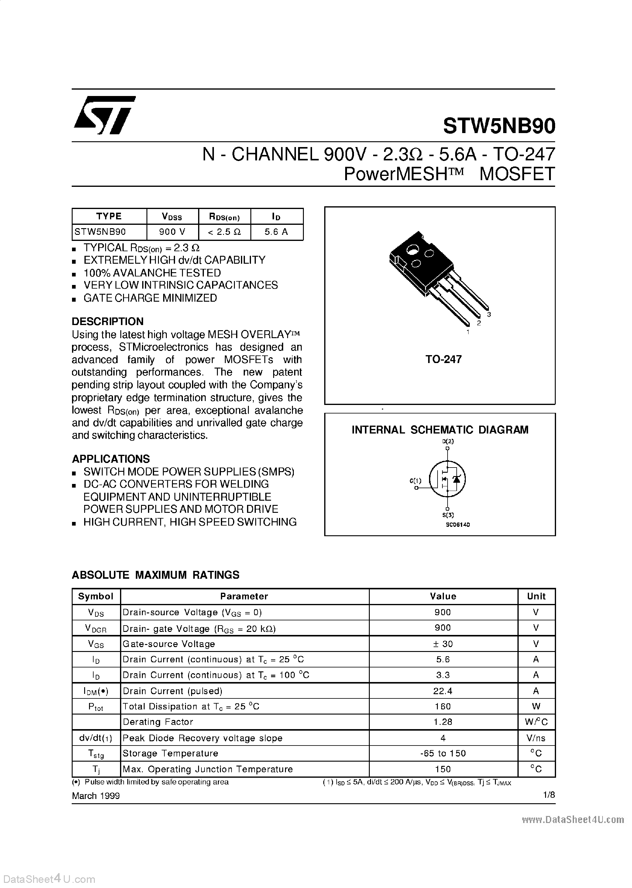 Datasheet STW5NB90 - N-CHANNEL MOSFET page 1