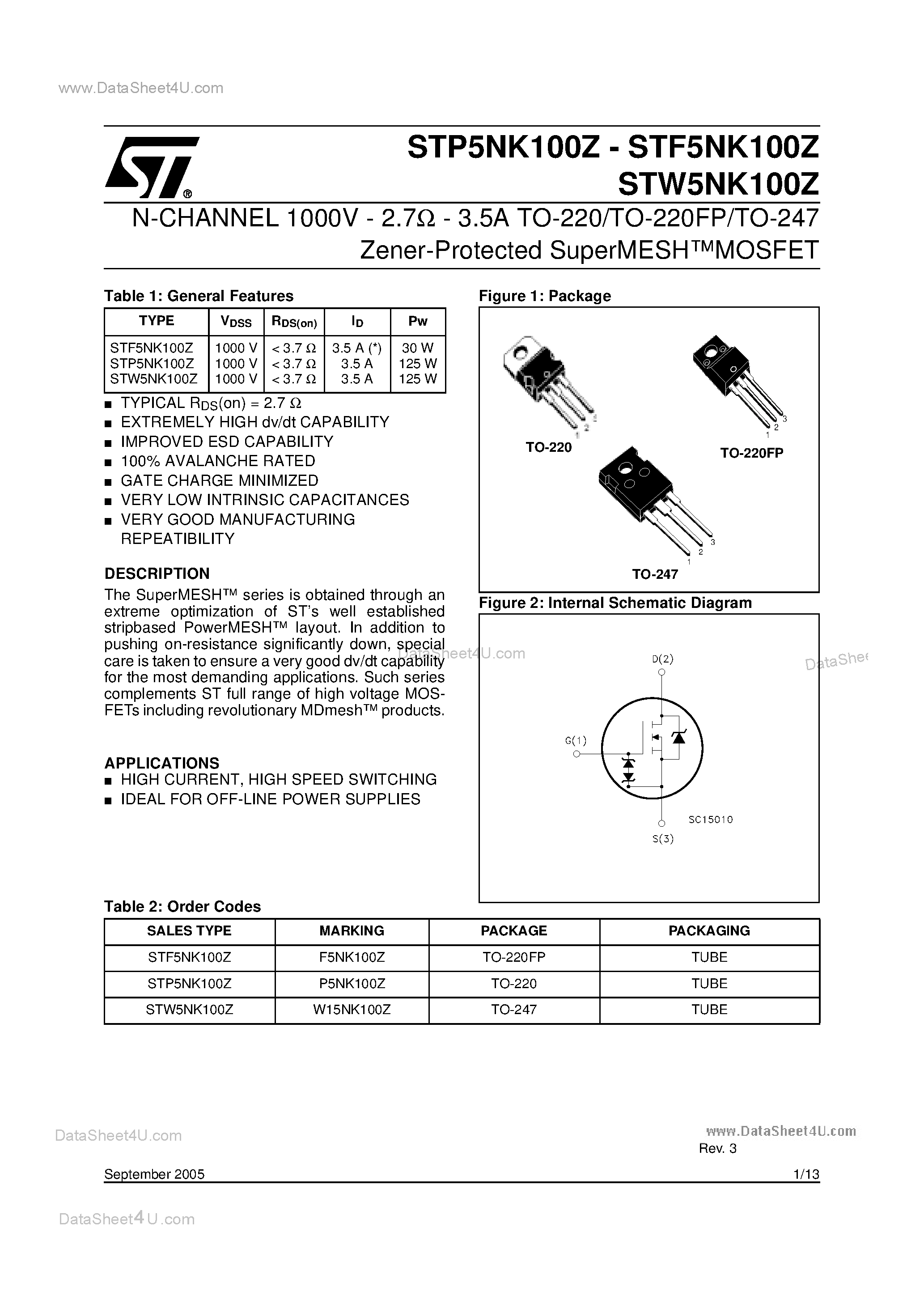 Datasheet STW5NK100Z - N-CHANNEL MOSFET page 1