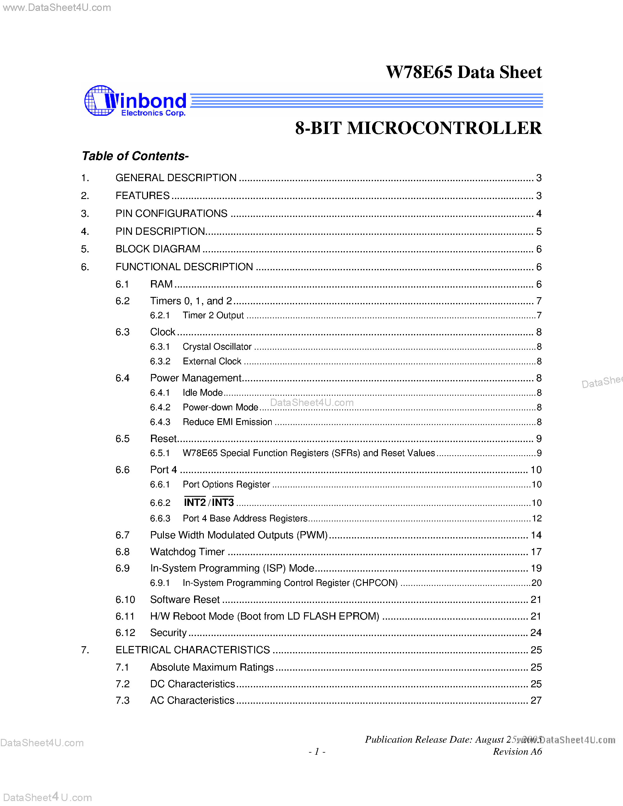 Datasheet W78E65 page 1 Datasheet W78E65 - 8-Bit Microcontroller page 1