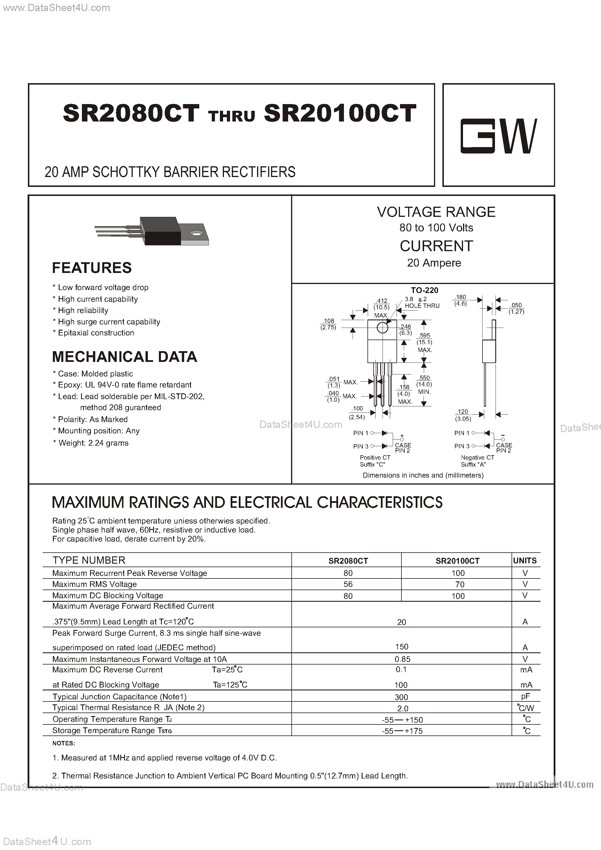 Datasheet SR20100CT - (SR2080CT / SR20100CT) 20 Amp Schottky Barrier Rectifiers page 1