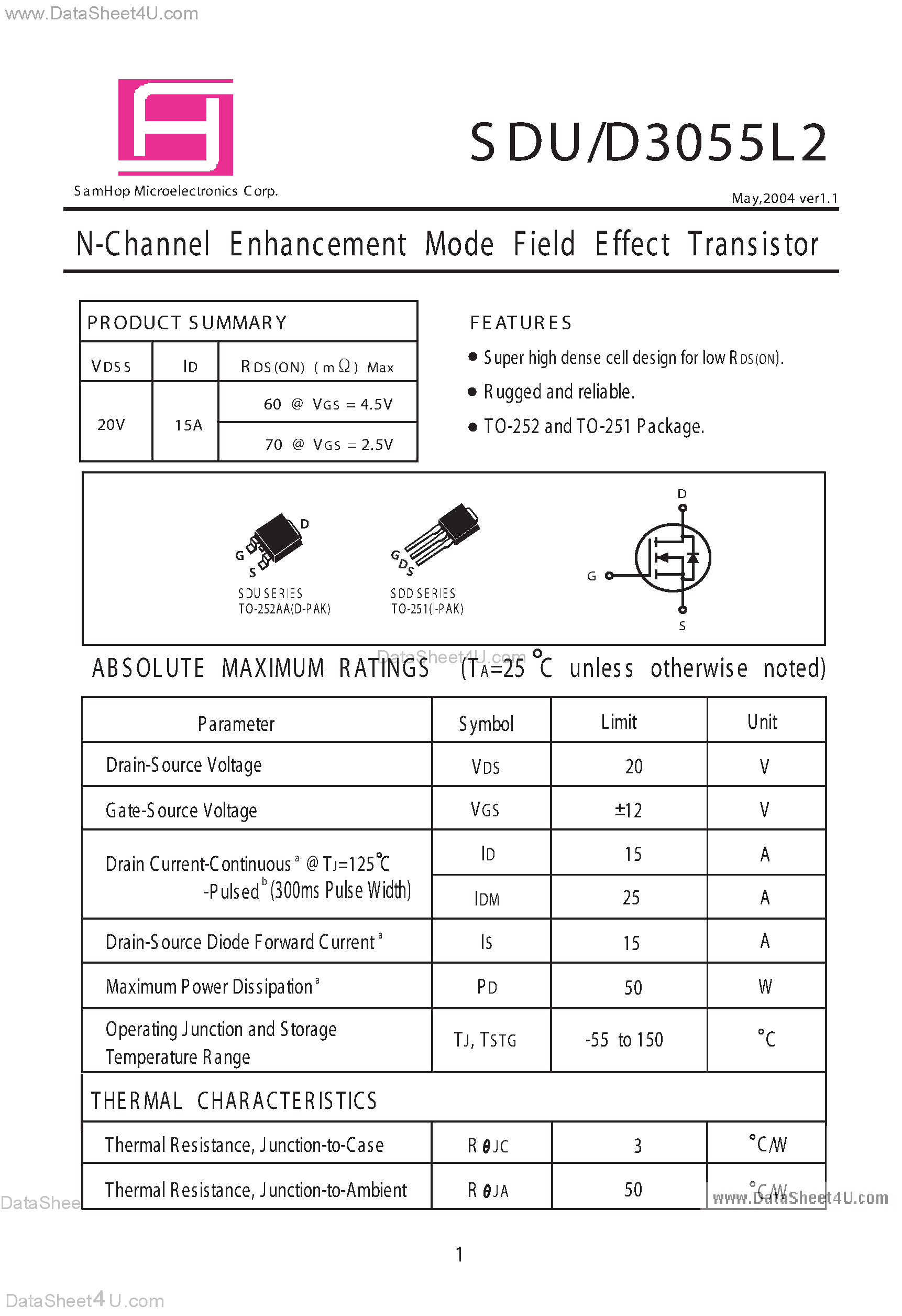 Datasheet SDU3055L2 - N-Channel E nhancement Mode Field Effect Transistor page 1