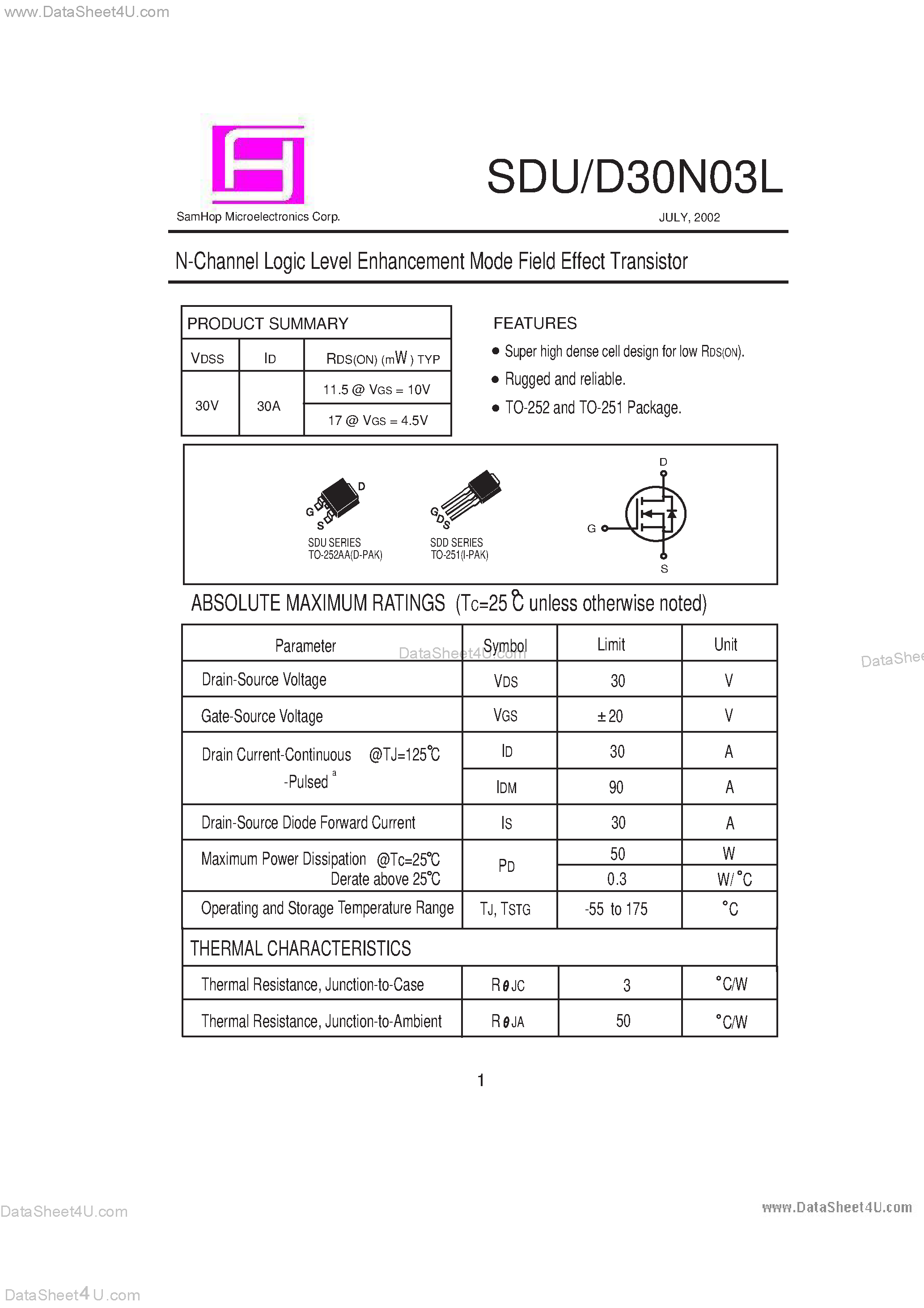 Datasheet SDU30N03L page 1 Datasheet SDU30N03L - N-Channel Logic Level Enhancement Mode Field Effect Transistor page 1