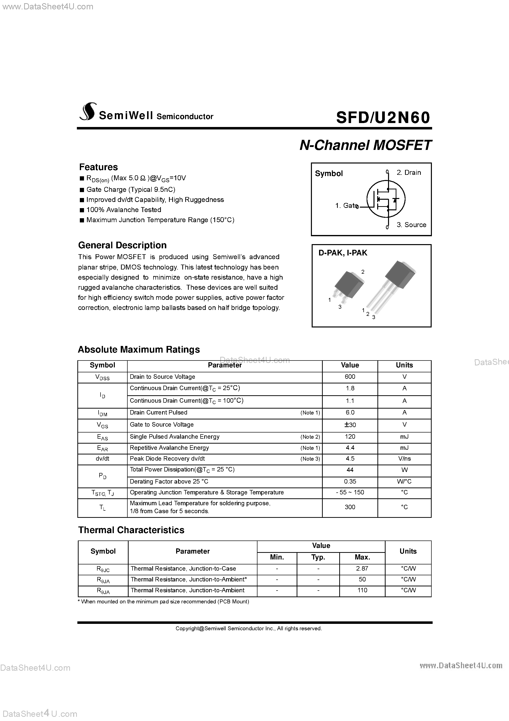 Datasheet SFD2N60 page 1 Datasheet SFD2N60 - N-Channel MOSFET page 1