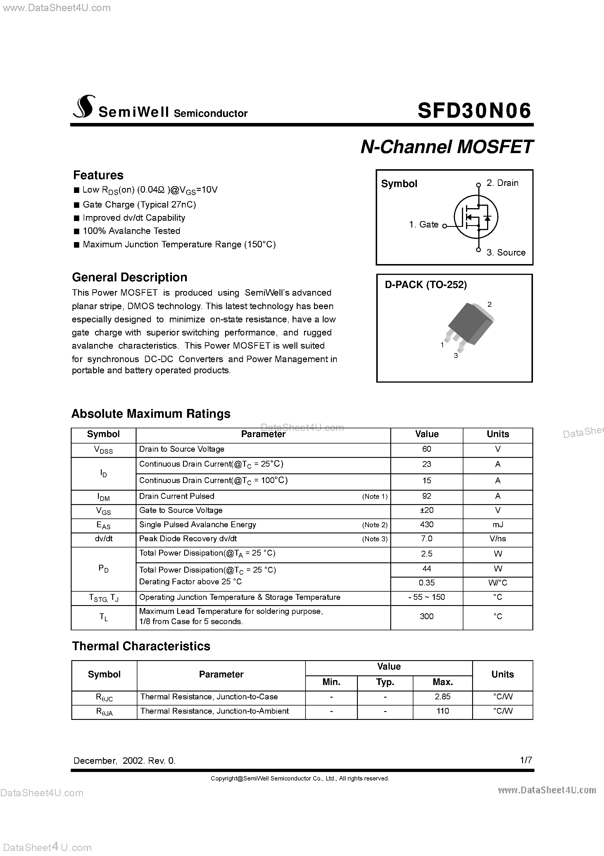 Datasheet SFD30N06 page 1 Datasheet SFD30N06 - N-Channel MOSFET page 1