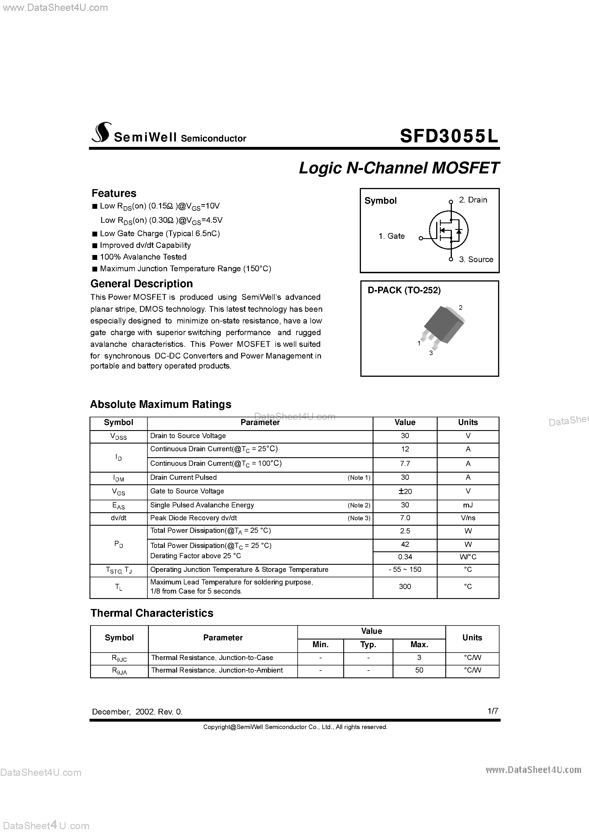 Datasheet SFD3055L page 1 Datasheet SFD3055L - Logic N-Channel MOSFET page 1