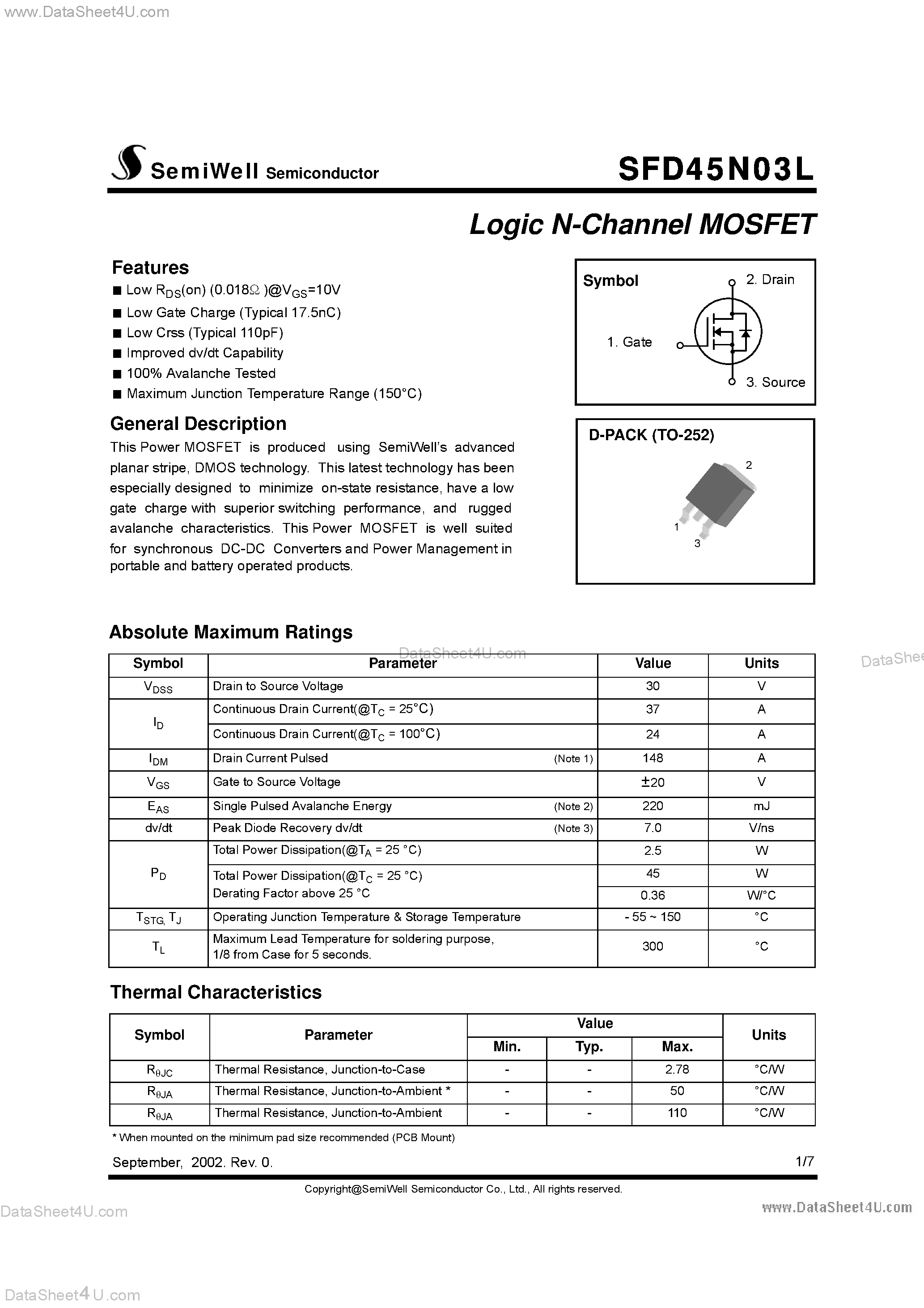 Datasheet SFD45N03L page 1 Datasheet SFD45N03L - Logic N-Channel MOSFET page 1