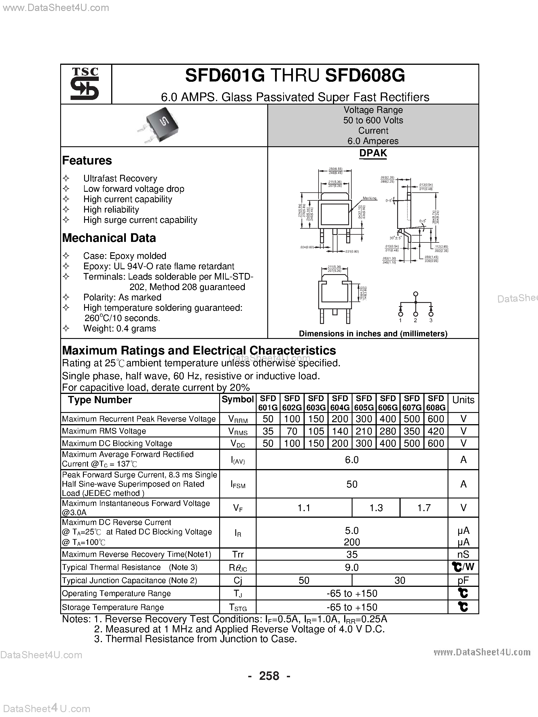 Datasheet SFD601G - (SFD601G - SFD608G) 6.0 AMPS. Glass Passivated Super Fast Rectifiers page 1