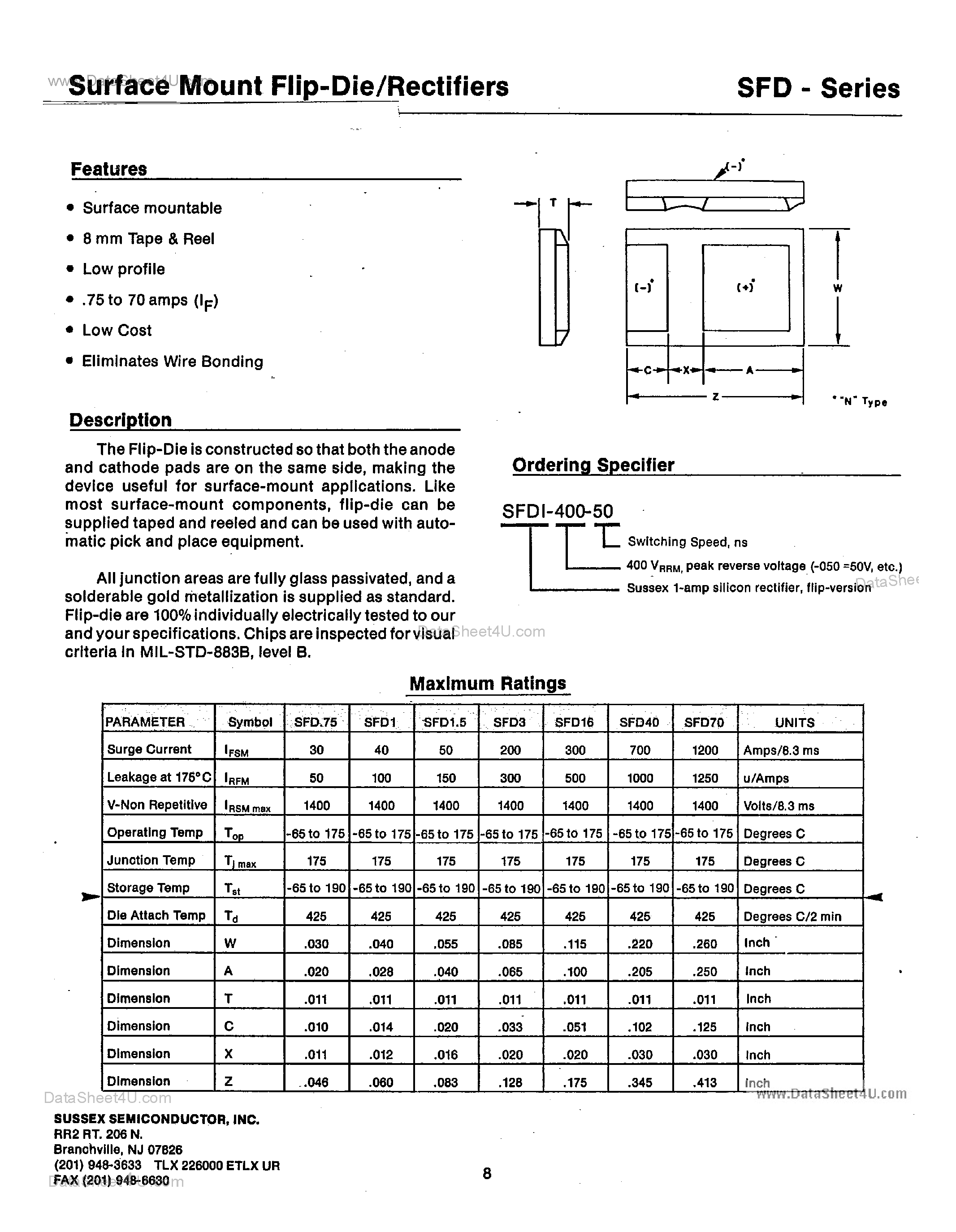 Datasheet SFD - (SFD Series) Surface Mount Flip-Flop Die/Rectifiers page 1