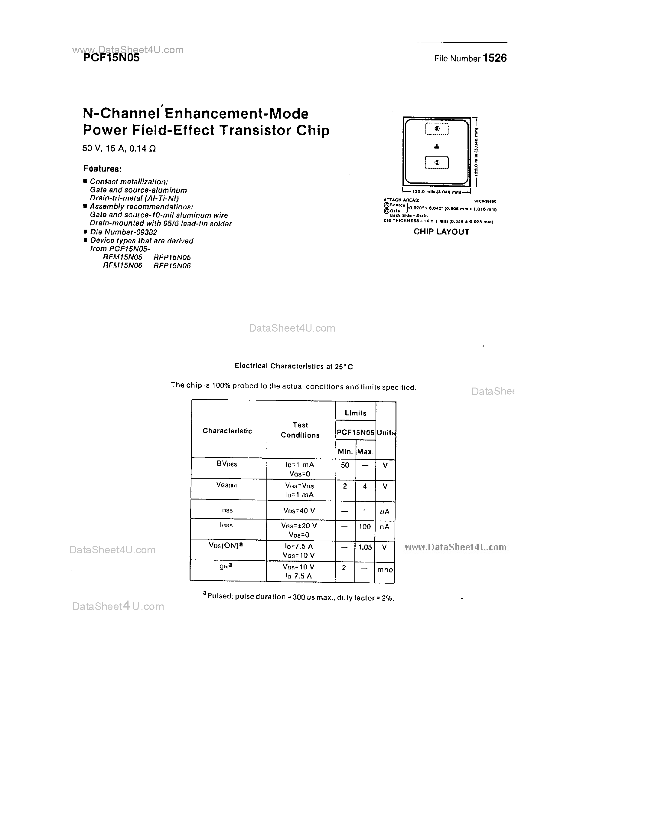Datasheet PCF15N05 - N-Channel Enhancement Mode Power Field Effect Transistor Chip page 1