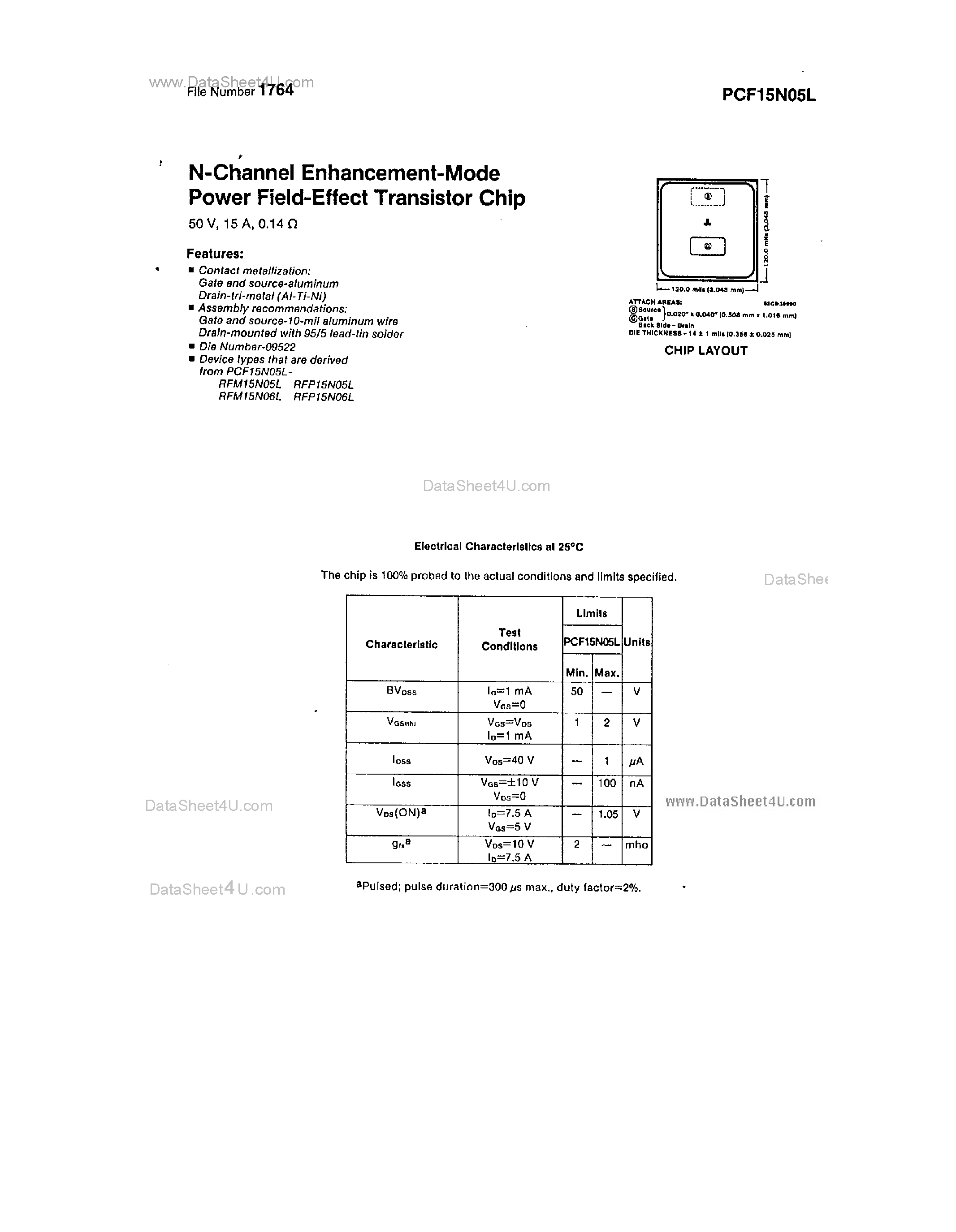 Datasheet PCF15N05L - N-Channel Enhancement Mode Power Field Effect Transistor Chip page 1