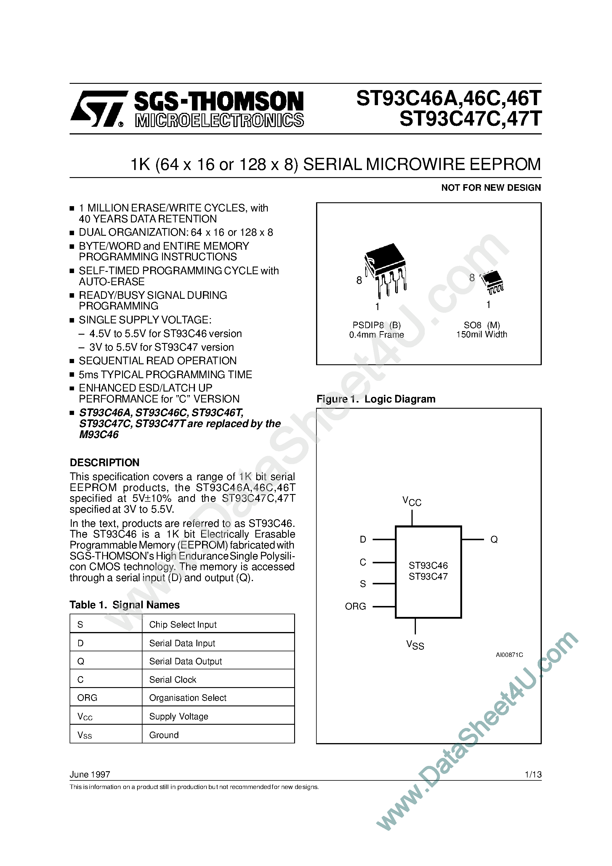 Datasheet ST93C46A - 1K 64 x 16 or 128 x 8 SERIAL MICROWIRE EEPROM page 1