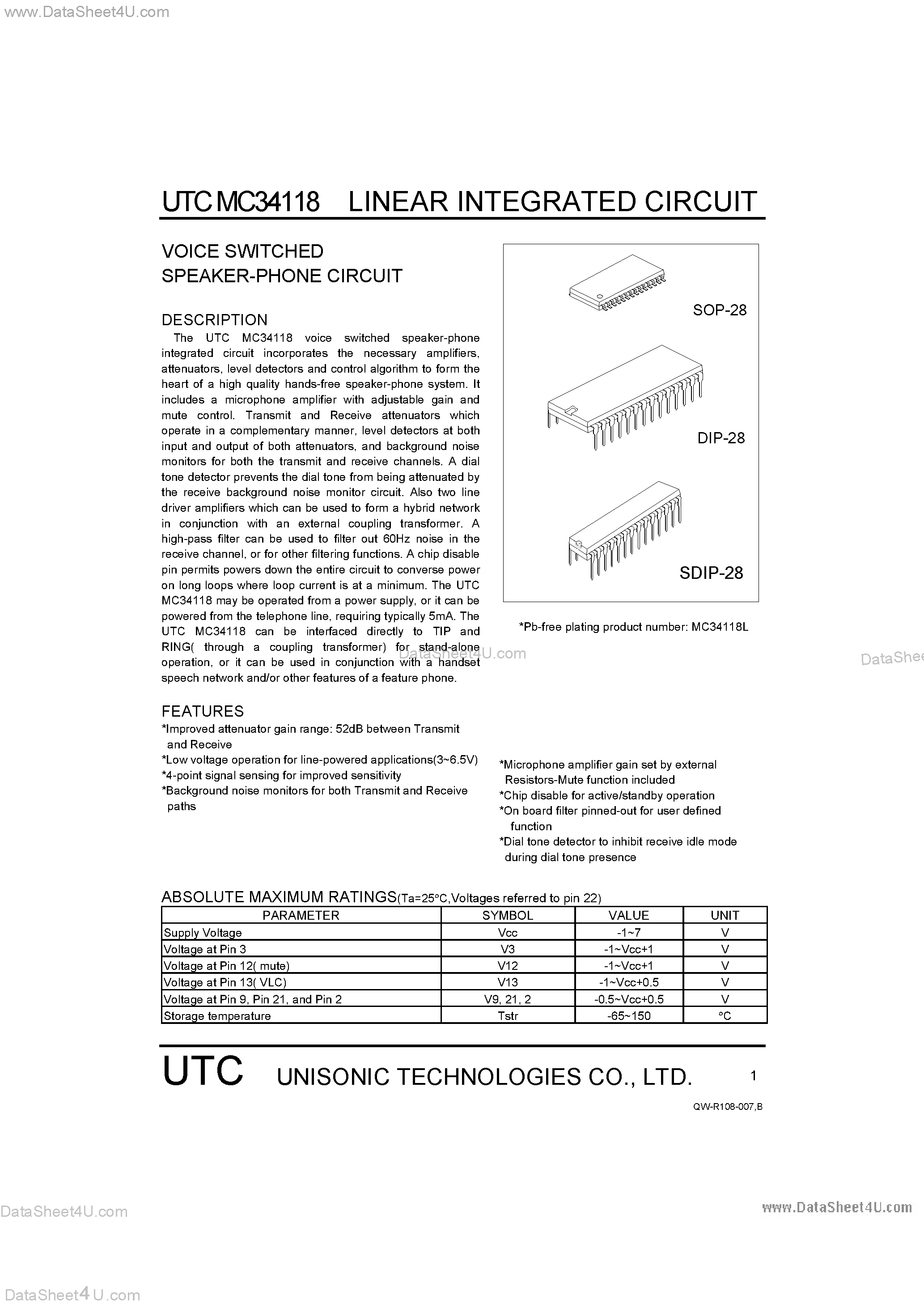 Datasheet MC34118 - Voice Switched Speaker Phone Circuit page 1