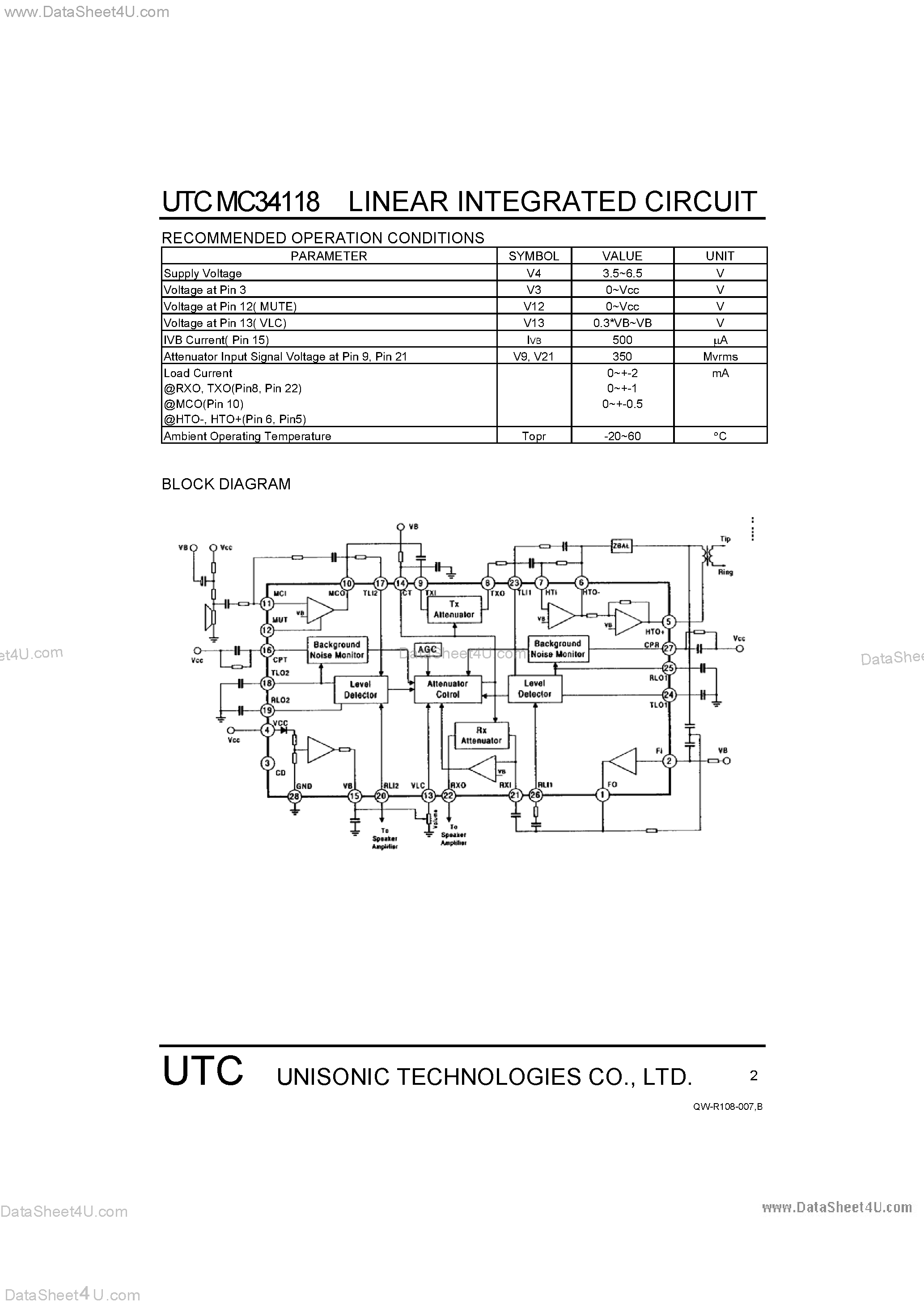 Datasheet MC34118 - Voice Switched Speaker Phone Circuit page 2