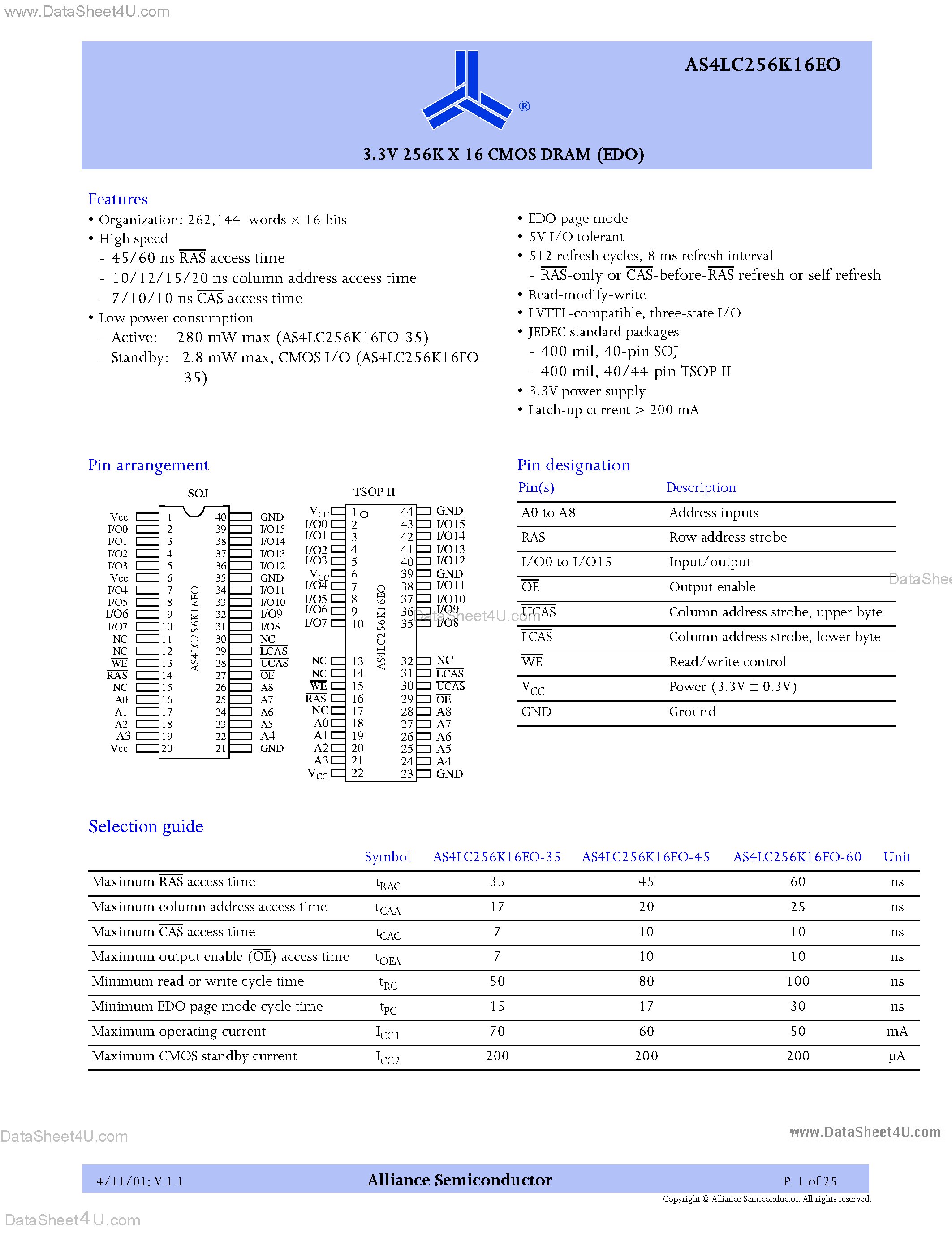 Datasheet AS4LC256K16E0 page 1 Datasheet AS4LC256K16E0 - 3.3V 256K X 16 CMOS DRAM (EDO) page 1