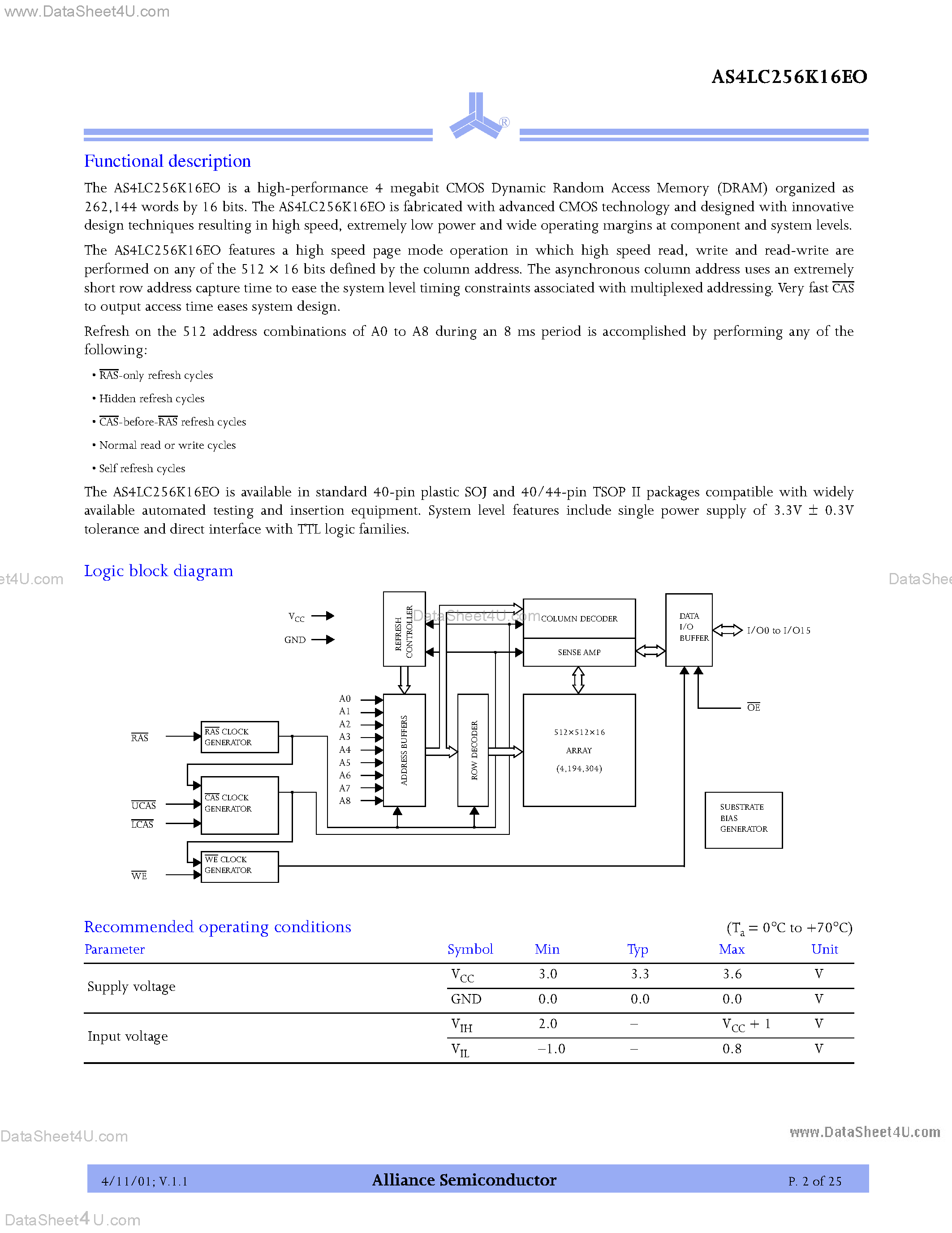 Datasheet AS4LC256K16E0 page 2 Datasheet AS4LC256K16E0 - 3.3V 256K X 16 CMOS DRAM (EDO) page 2