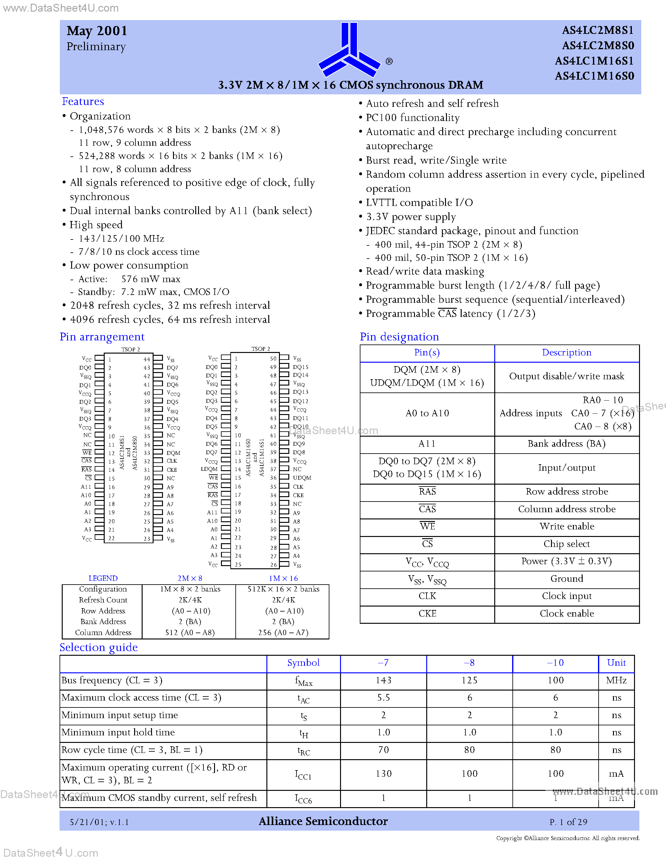Datasheet AS4LC1M16S0 page 1 Datasheet AS4LC1M16S0 - (AS4LCxMxxSx) 3.3V 2M X 8/1M X 16 CMOS synchronous DRAM page 1
