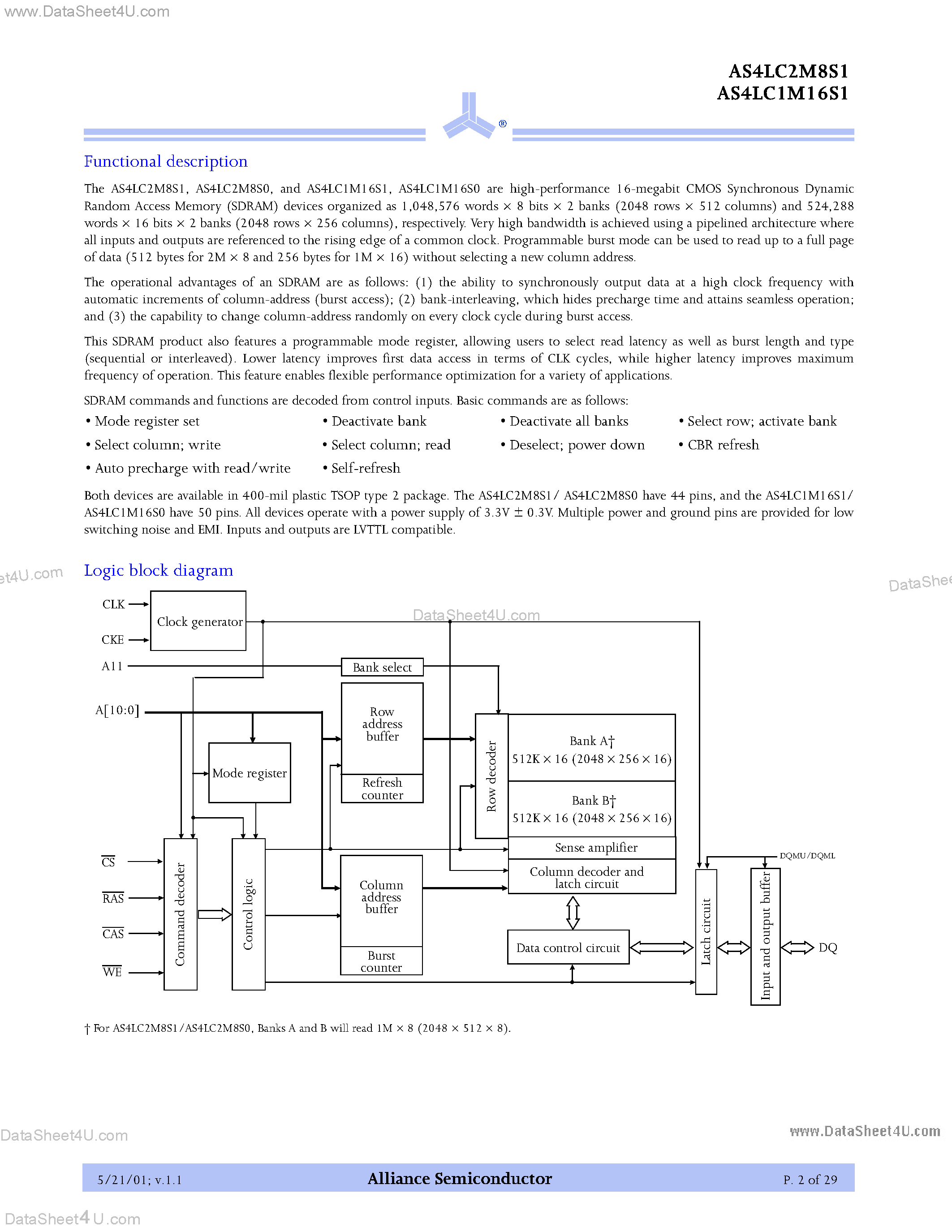 Datasheet AS4LC1M16S0 page 2 Datasheet AS4LC1M16S0 - (AS4LCxMxxSx) 3.3V 2M X 8/1M X 16 CMOS synchronous DRAM page 2