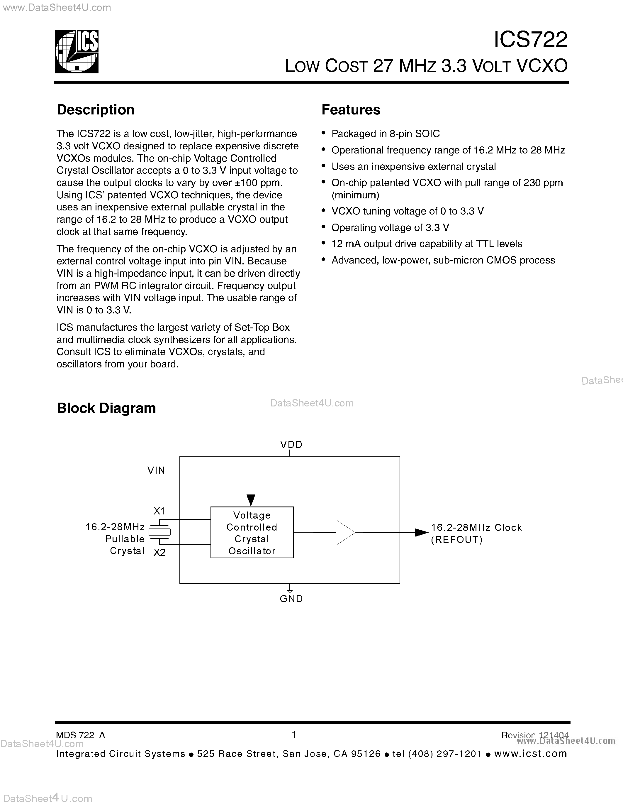Datasheet ICS722 - LOW COST 27 MHZ 3.3 VOLT VCXO page 1