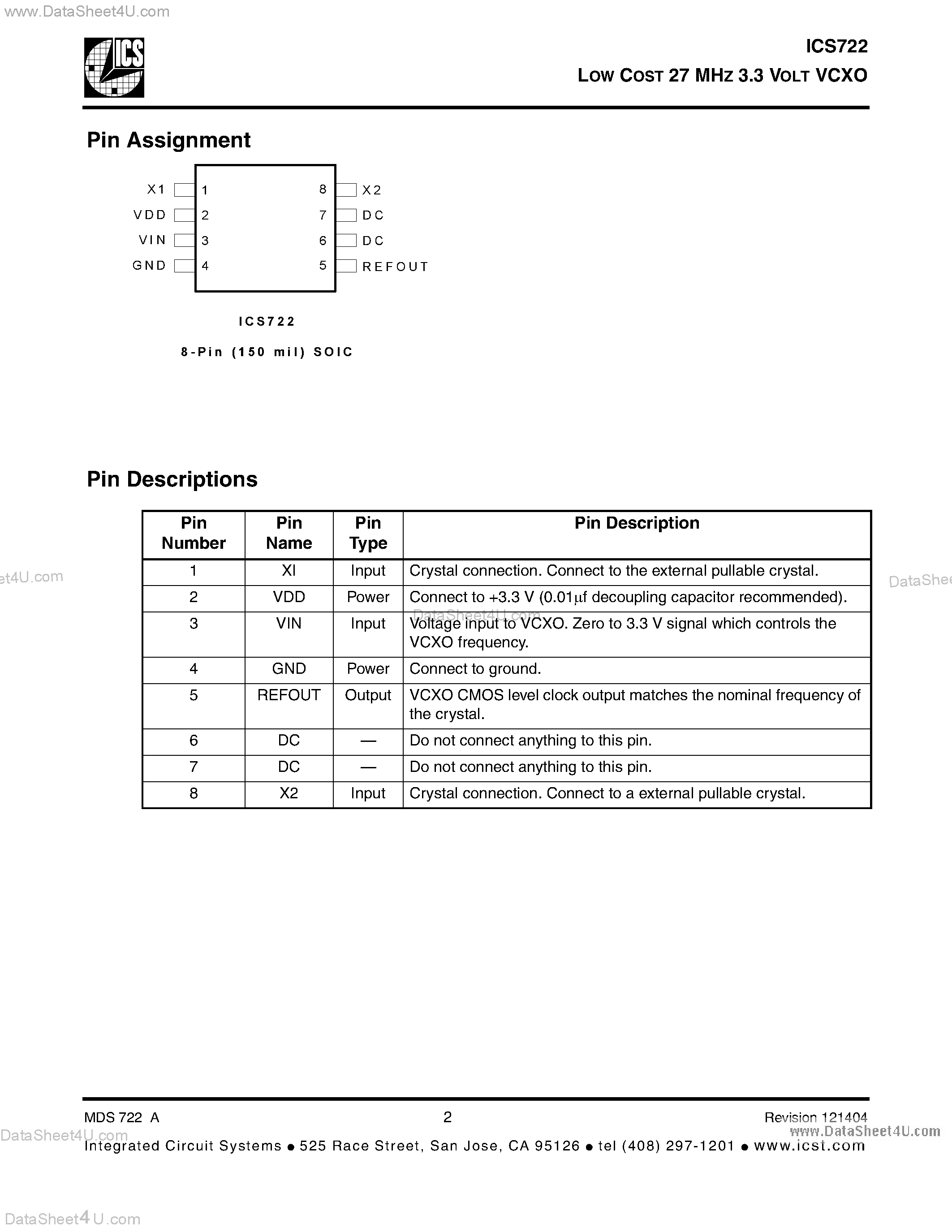 Datasheet ICS722 - LOW COST 27 MHZ 3.3 VOLT VCXO page 2