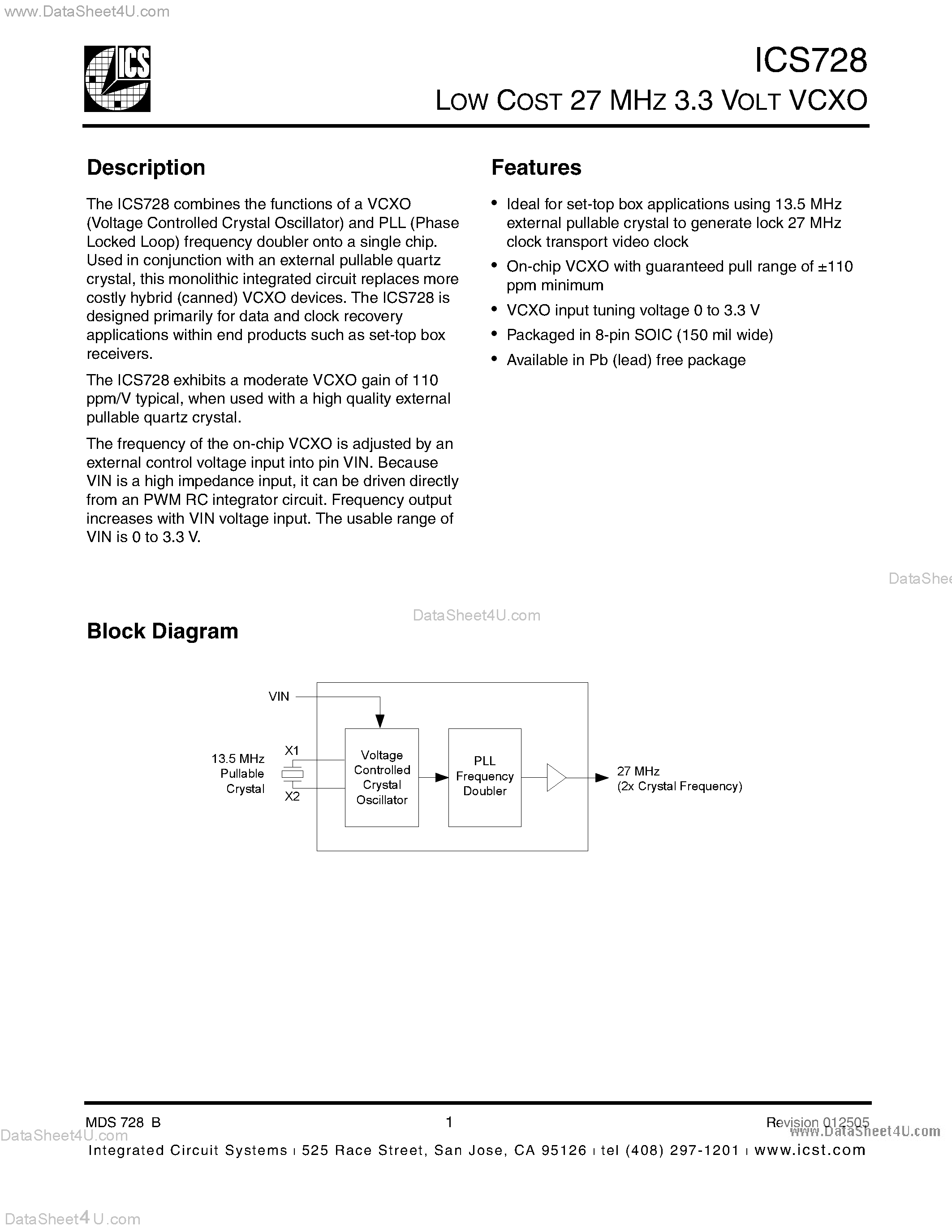 Datasheet ICS728 - LOW COST 27 MHZ 3.3 VOLT VCXO page 1