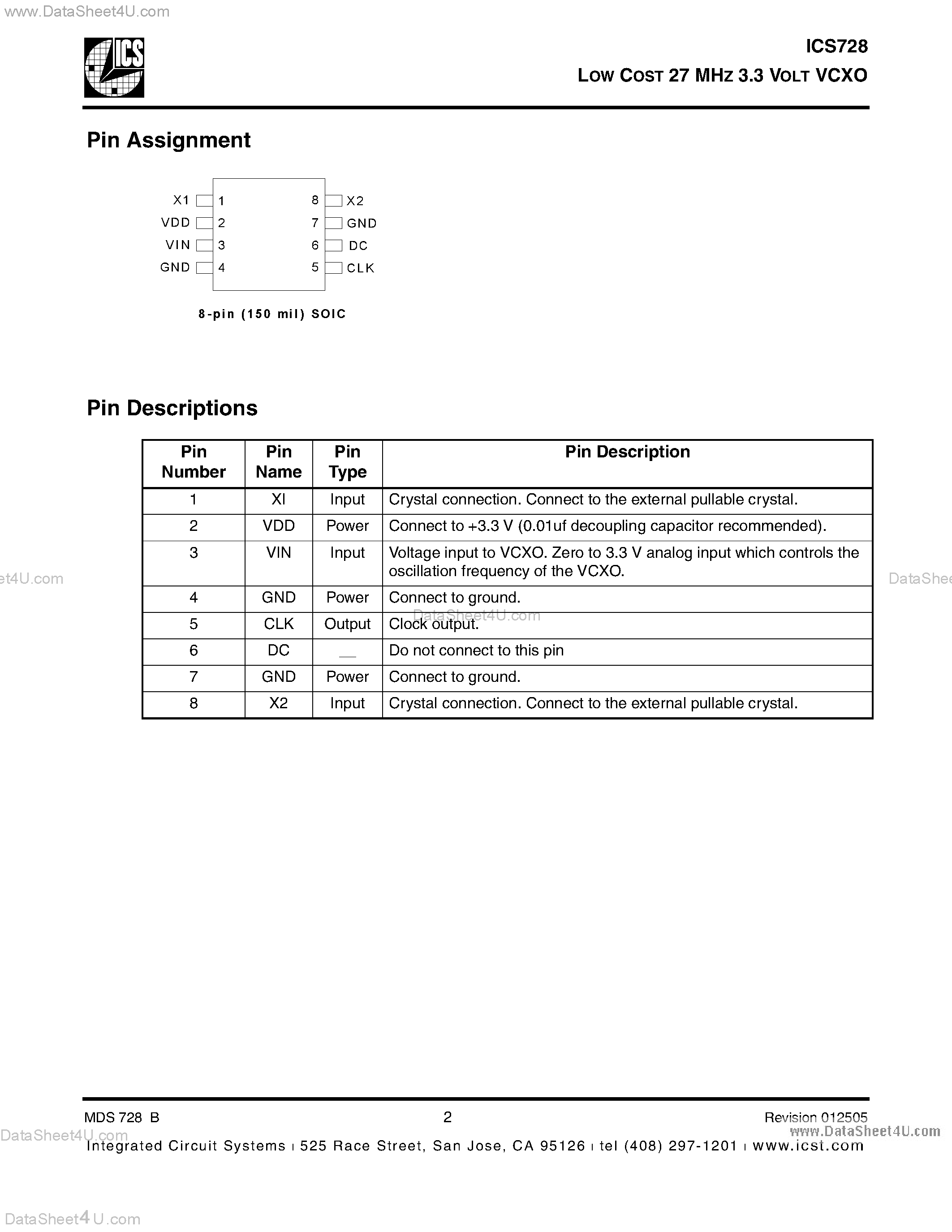 Datasheet ICS728 - LOW COST 27 MHZ 3.3 VOLT VCXO page 2