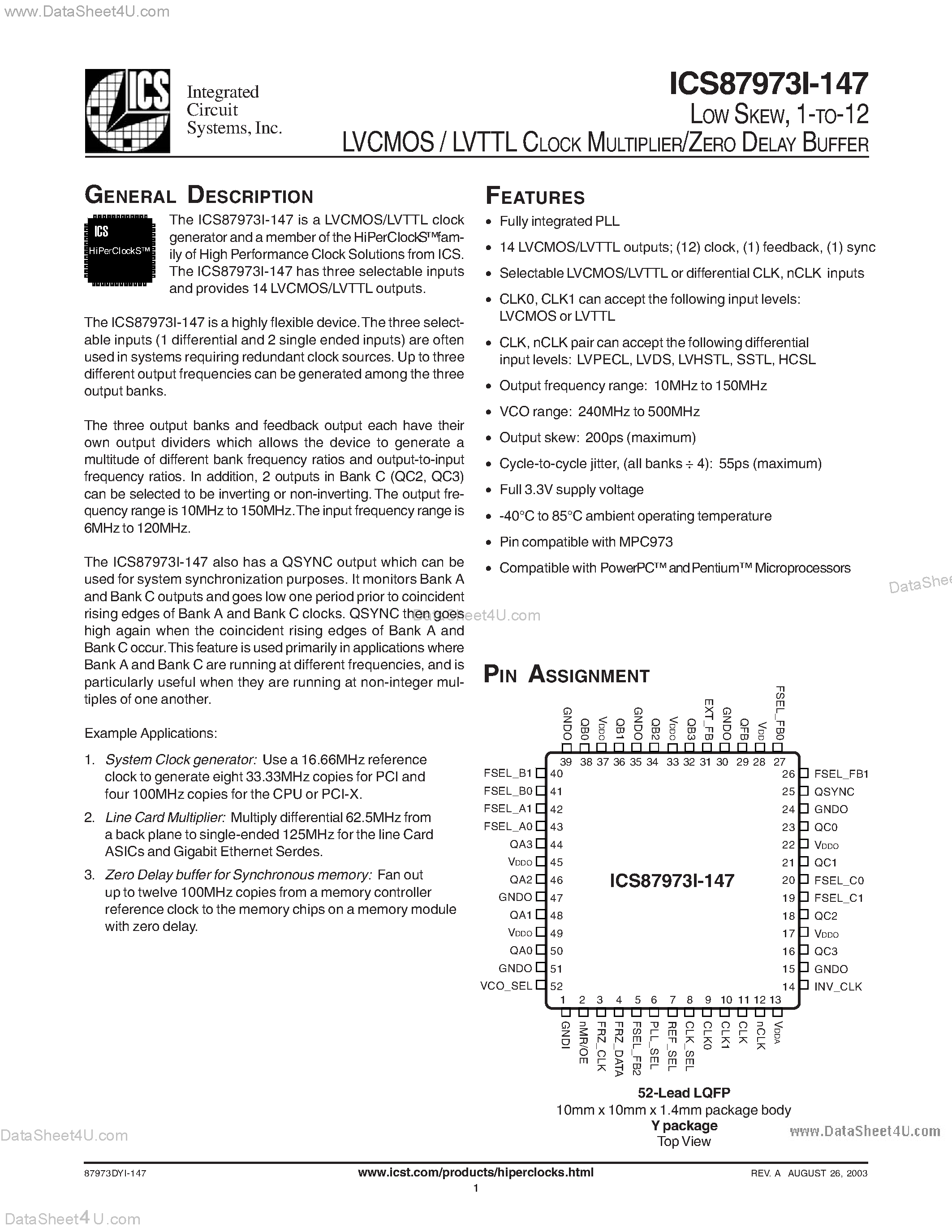 Даташит на микросхему ICS7973I-147 страница 1 Даташит ICS7973I-147 - 1-TO-12 LVCMOS / LVTTL CLOCK MULTIPLIER/ZERO DELAY BUFFER страница 1