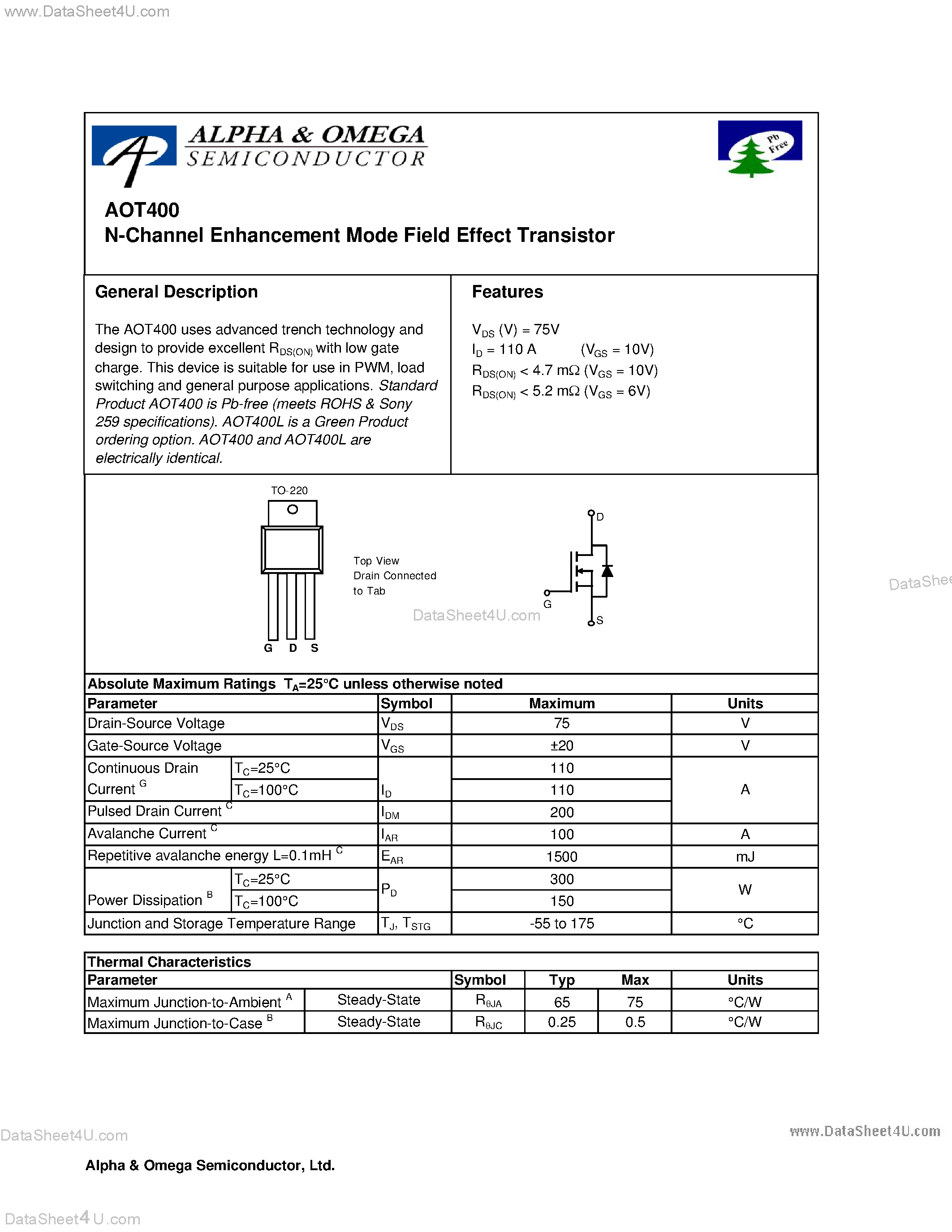 Datasheet AOT400 - N-Channel Enhancement Mode Field Effect Transistor page 1