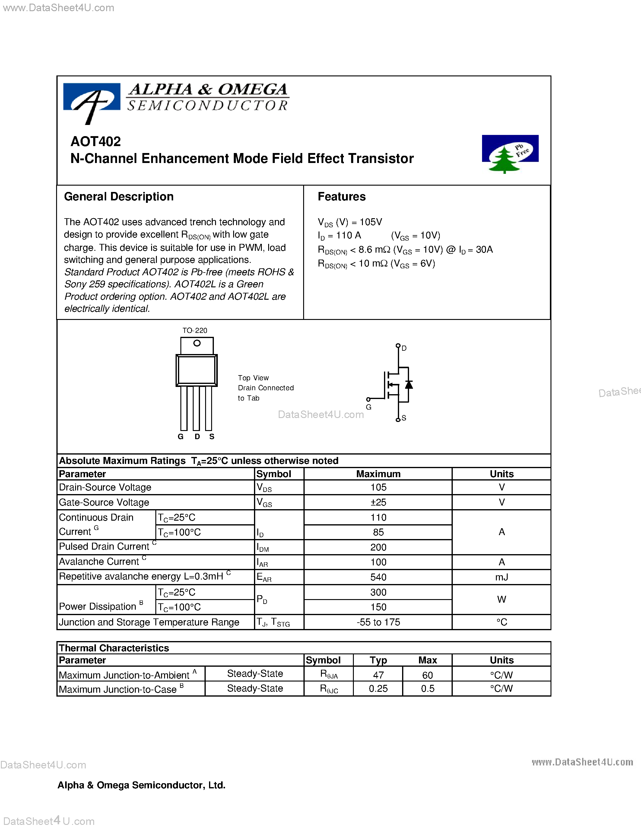 Datasheet AOT402 - N-Channel Enhancement Mode Field Effect Transistor page 1