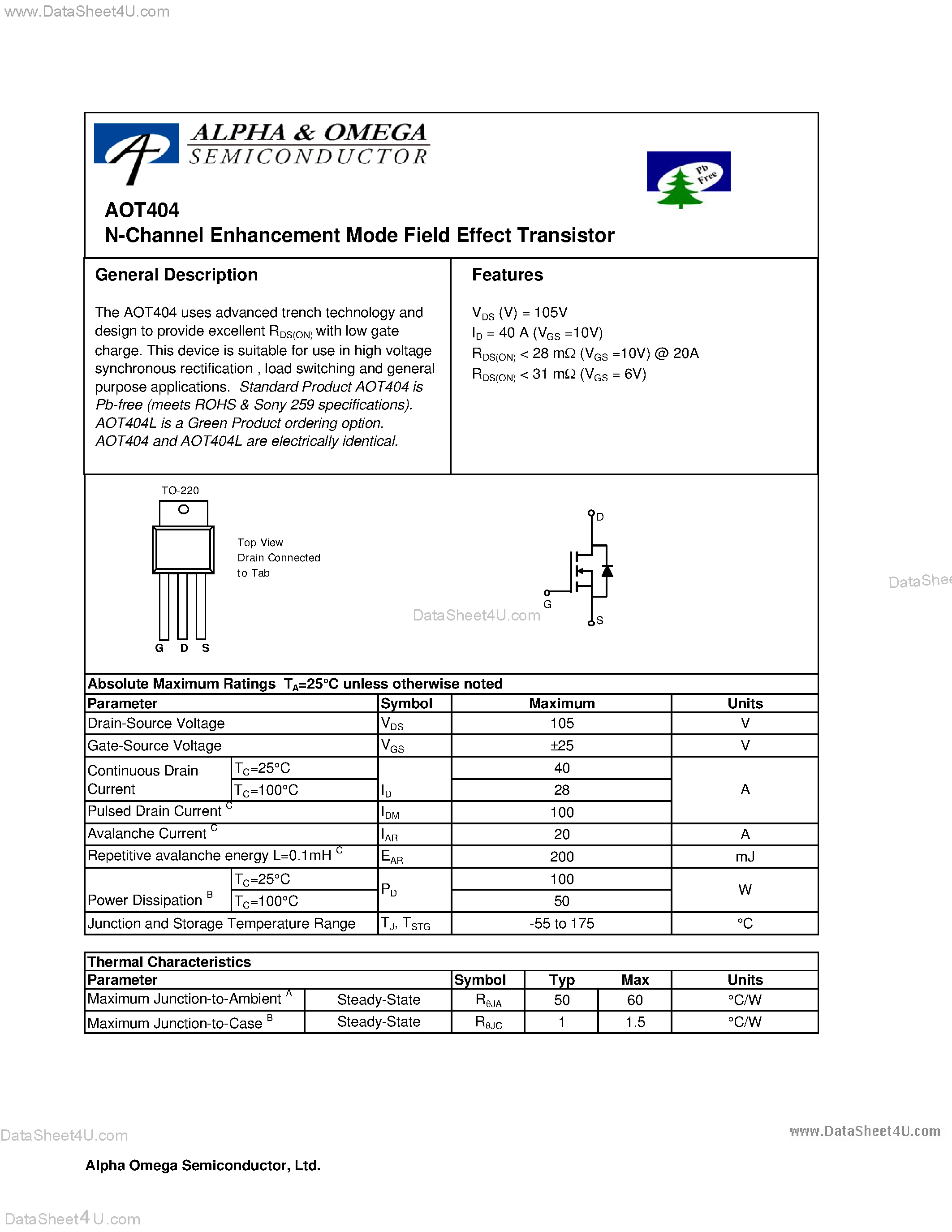 Datasheet AOT404 - N-Channel Enhancement Mode Field Effect Transistor page 1