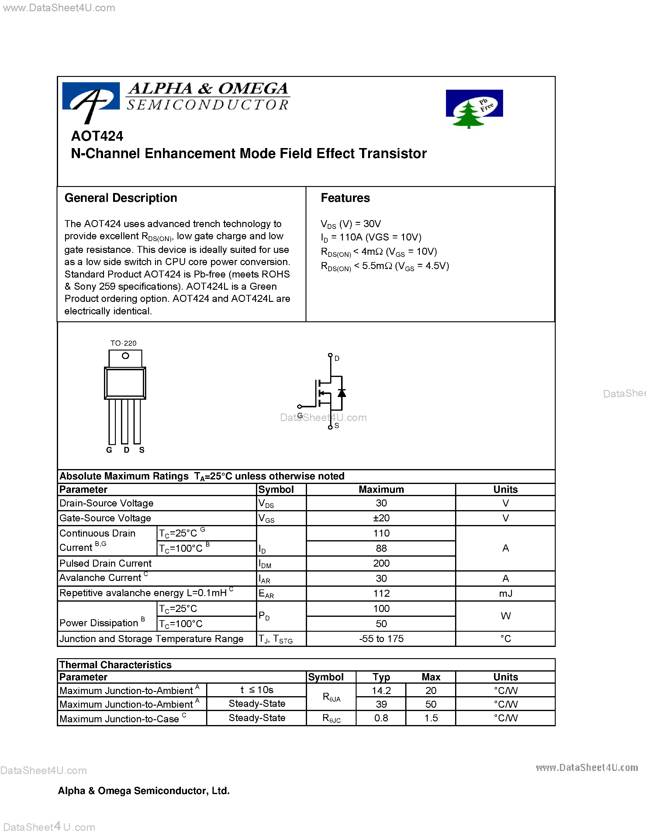 Datasheet AOT424 - N-Channel Enhancement Mode Field Effect Transistor page 1