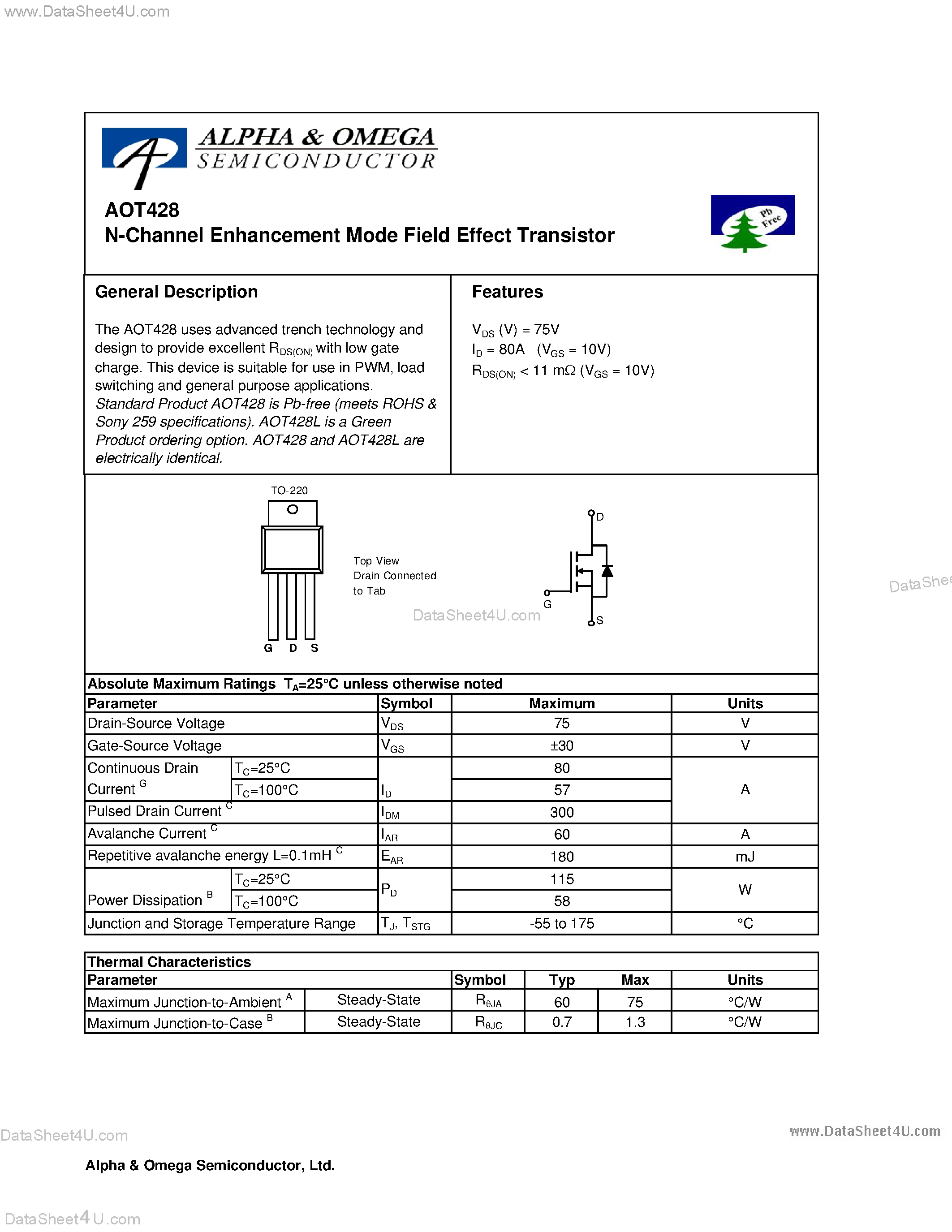 Datasheet AOT428 - N-Channel Enhancement Mode Field Effect Transistor page 1