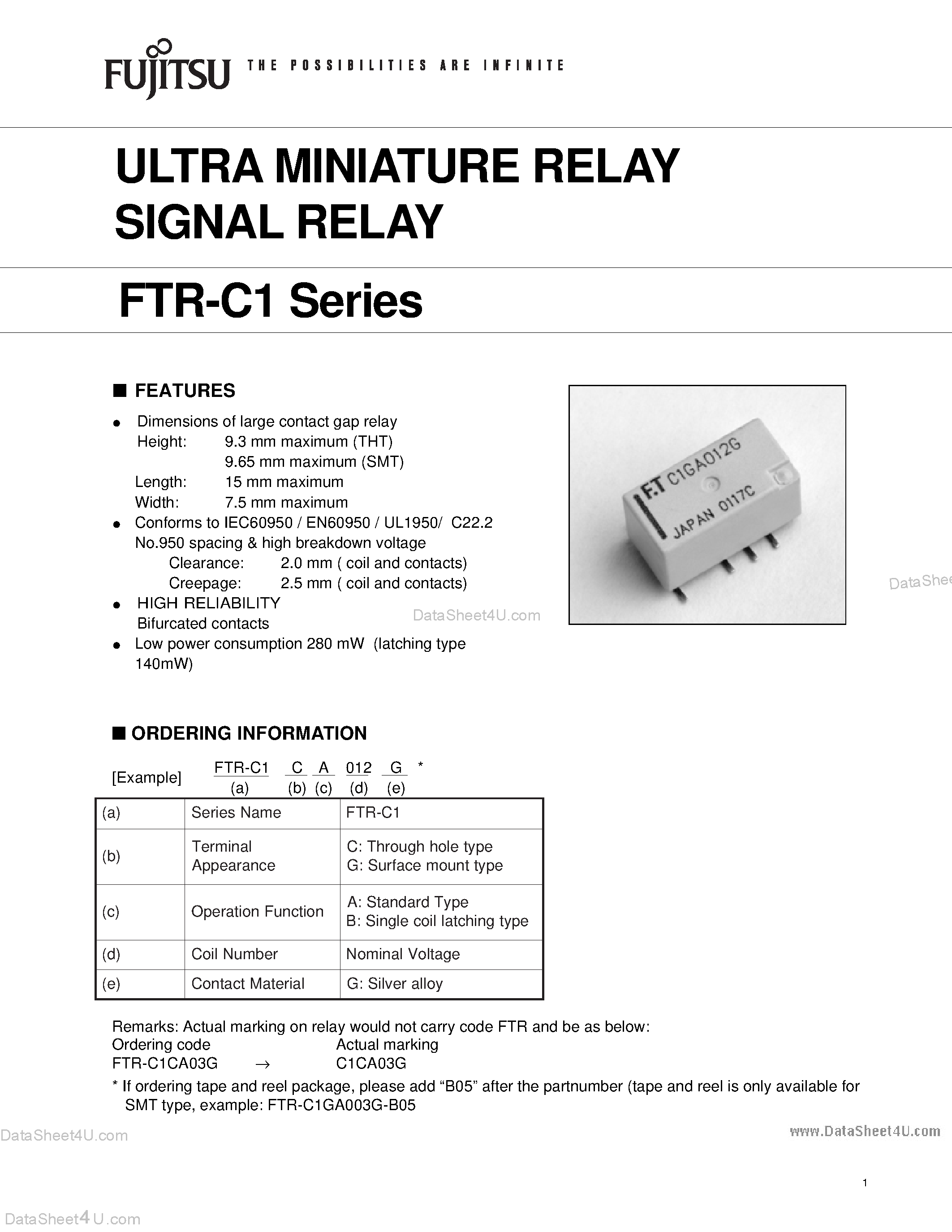 Datasheet FTR-C1 page 1 Datasheet FTR-C1 - Ultra Miniature Relay Signal Relay page 1